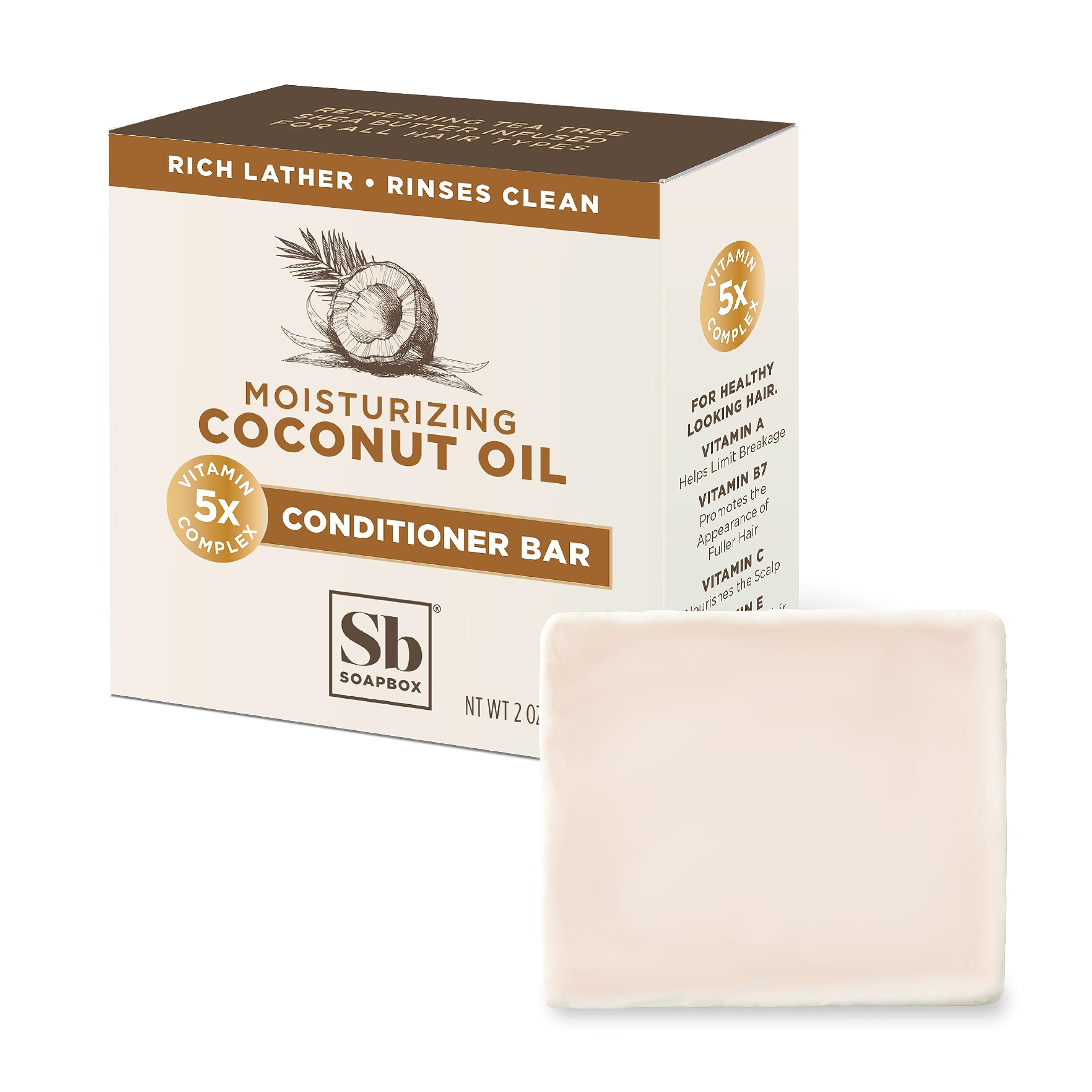 Soapbox Hair Conditioner Bar with Coconut Oil – Moisturizing, Vegan, Sulfate Free | 2oz Solid Conditioner