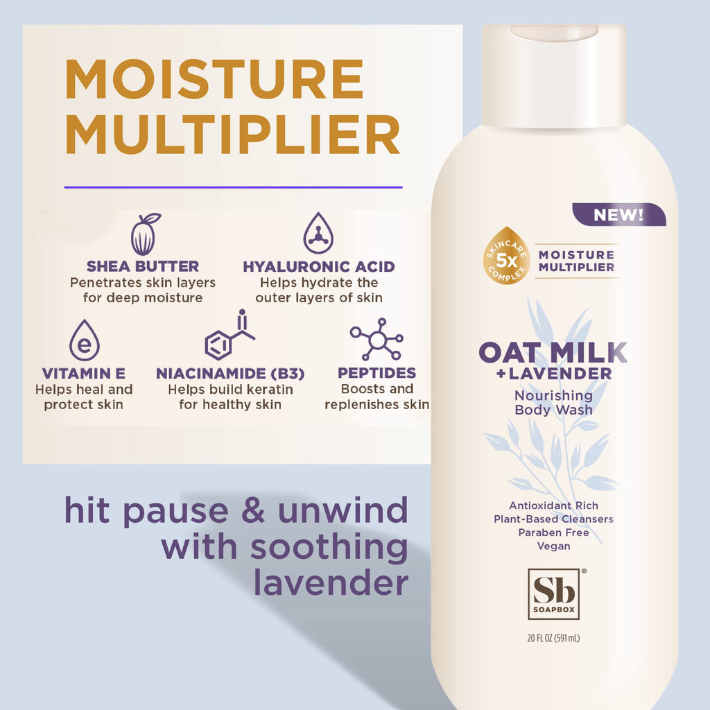 Soapbox Oat Milk + Lavender Body Wash – Vegan, Moisturizing with Shea Butter | 3 x 20oz