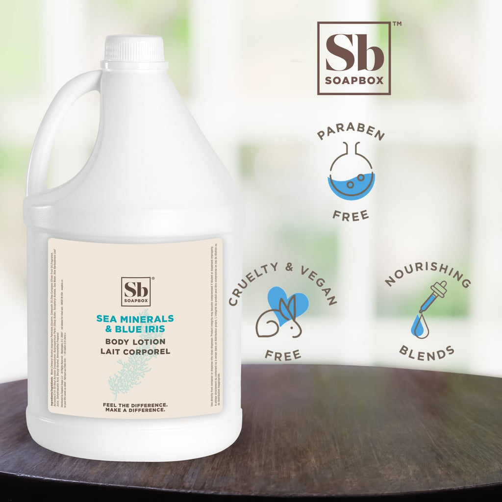 Soapbox Body Lotion Sea Minerals & Blue Iris – Vegan, Cruelty-Free, Bulk Gallon Refill for Home & Professional
