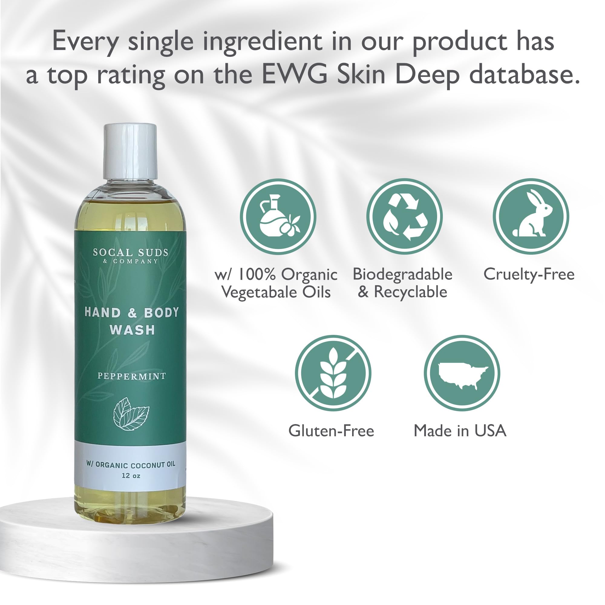 SoCal Suds & Company Organic Body Wash – Gentle Peppermint Shower Gel for Men & Women, 12oz