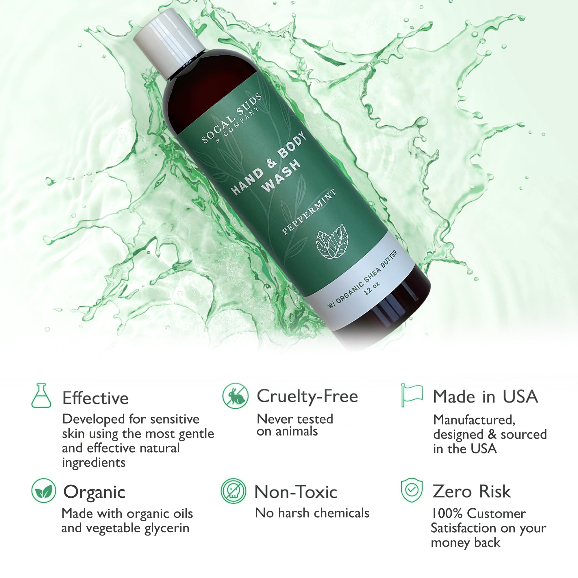 SoCal Suds & Company Organic Shea Butter Body Wash – Peppermint Castile Soap (12oz)