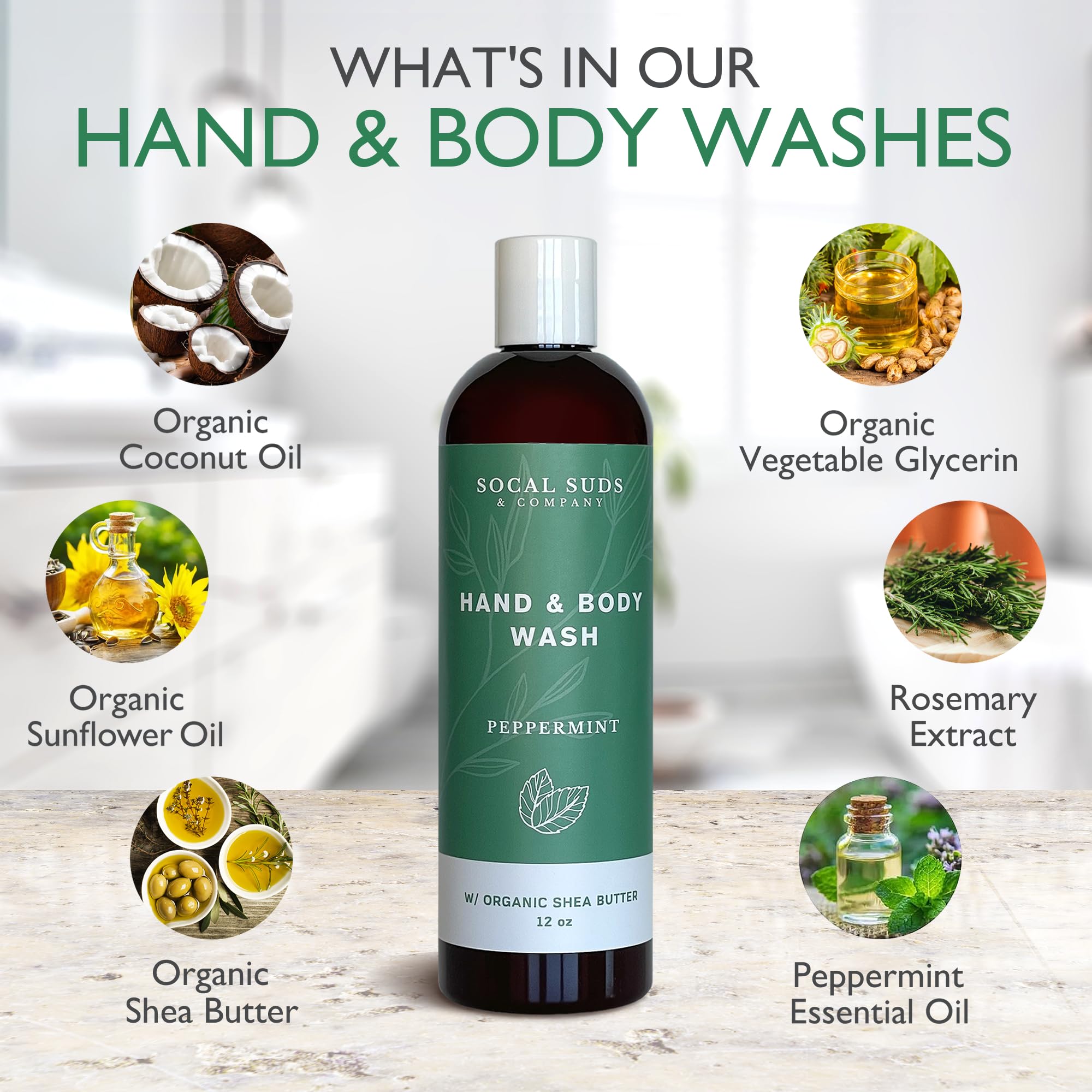 SoCal Suds & Company Organic Shea Butter Body Wash – Peppermint Castile Soap (12oz)