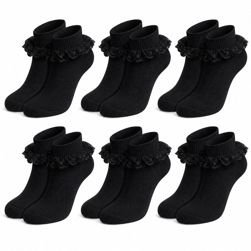 Sock Stack 6 Pairs Black Girls Tutu Frilly Ankle Socks With Lace And Bow Super Soft