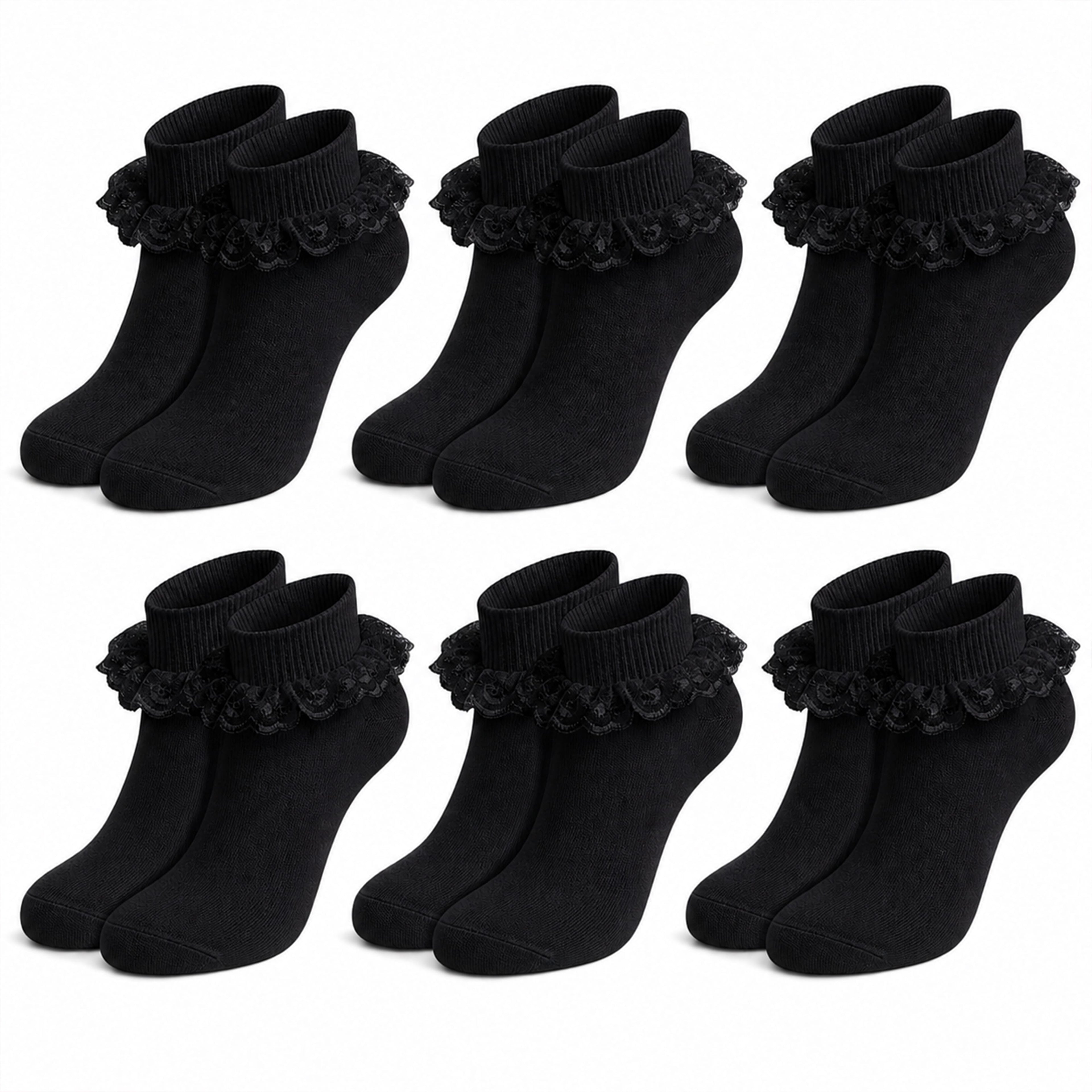 Sock Stack 6 Pairs Black Girls Tutu Frilly Ankle Socks With Lace And Bow Super Soft