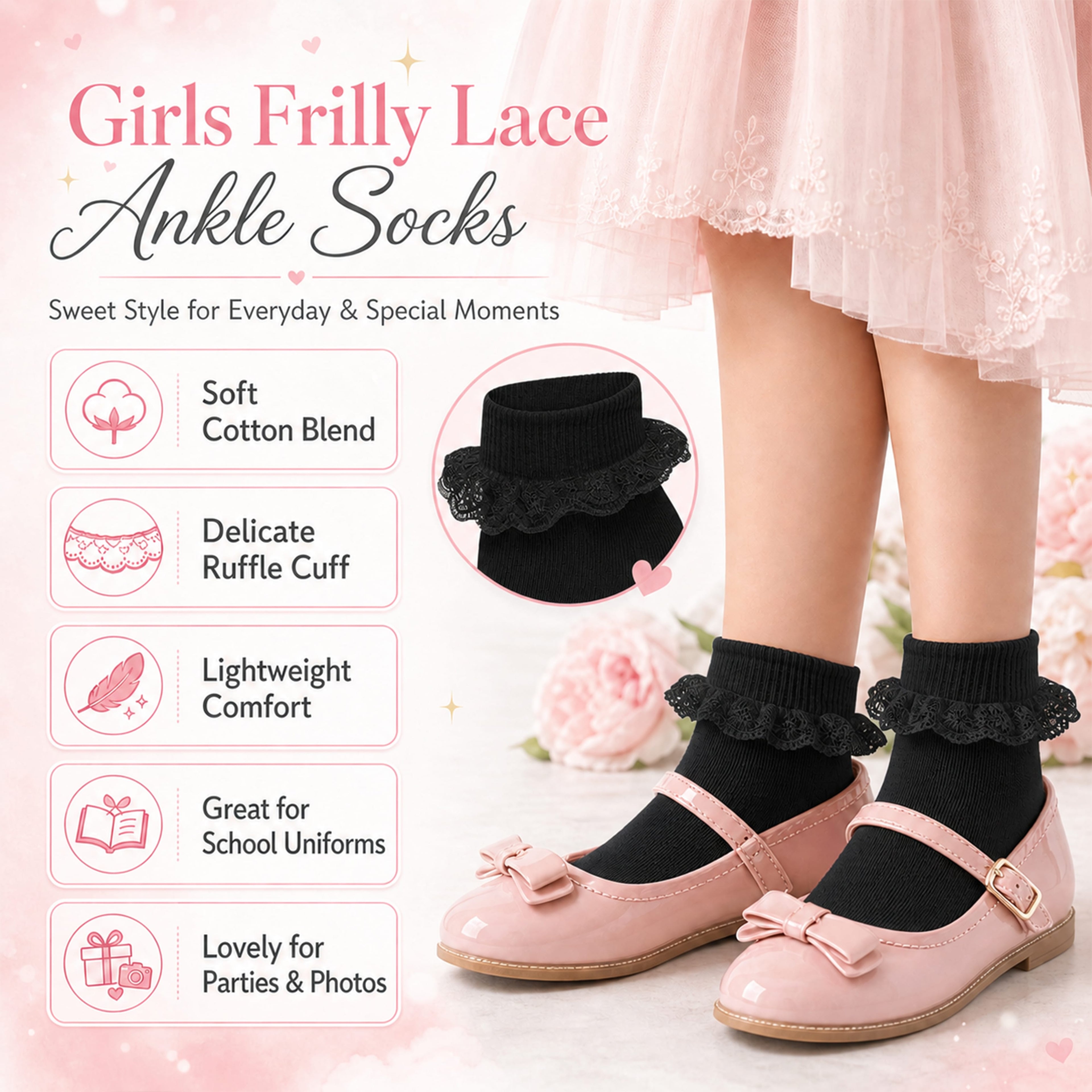 Sock Stack 6 Pairs Black Girls Tutu Frilly Ankle Socks With Lace And Bow Super Soft