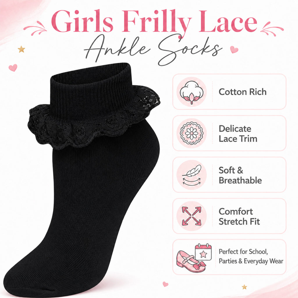 Sock Stack 6 Pairs Black Girls Tutu Frilly Ankle Socks With Lace And Bow Super Soft