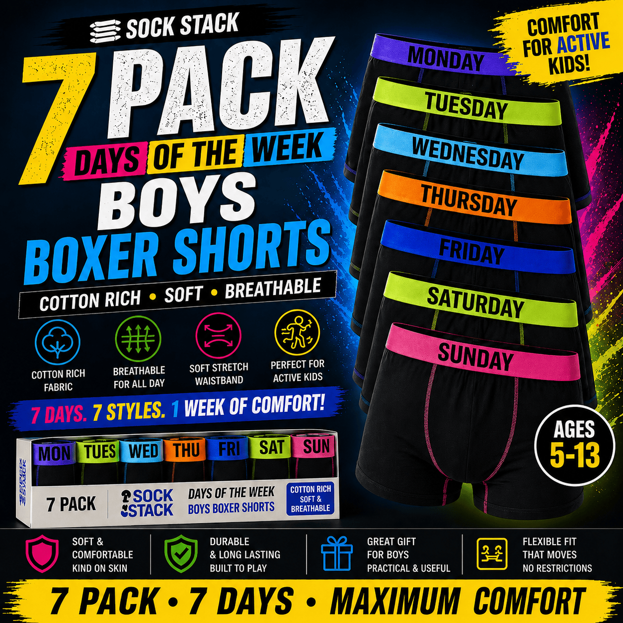 Sock Stack 7 Pack Boys Cotton Rich Boxer Shorts Trunks Ages 5-13 Assorted Colours