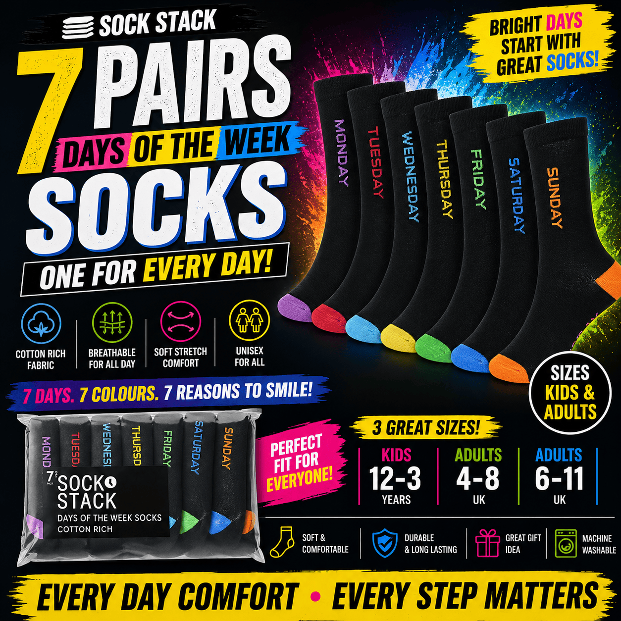 Sock Stack Days Of The Week Socks 7 Pack Cotton Rich Black With Multi colour Heel And Toe