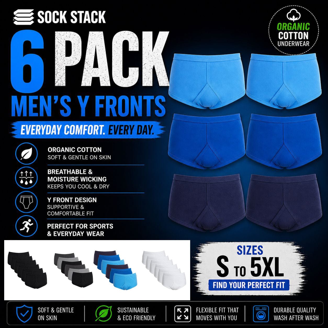 Sock Stack Men's 6 Pack Cotton Y-Front Briefs White 100% Cotton Soft Stretch Waistband