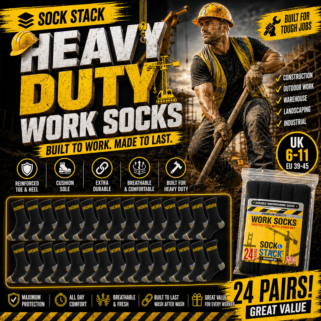 Sock Stack Mens Heavy Duty Work Socks 24 Pairs Cushion Sole Reinforced Toe And Heel Black Comfort Cuff Breathable Everyday