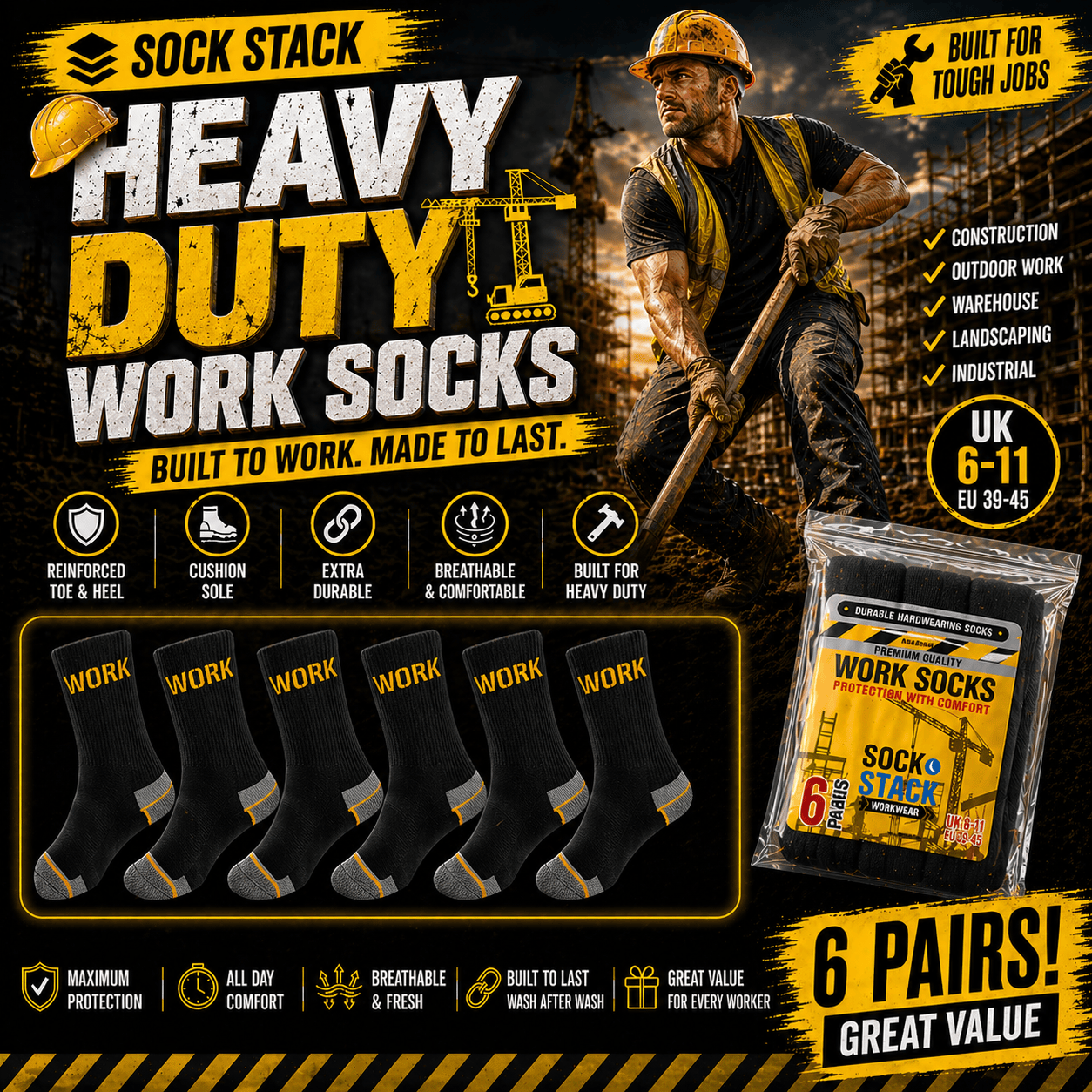 Sock Stack Mens Heavy Duty Work Socks 6 Pairs Cushion Sole Reinforced Toe And Heel Black Cotton Rich Everyday Comfort Pack