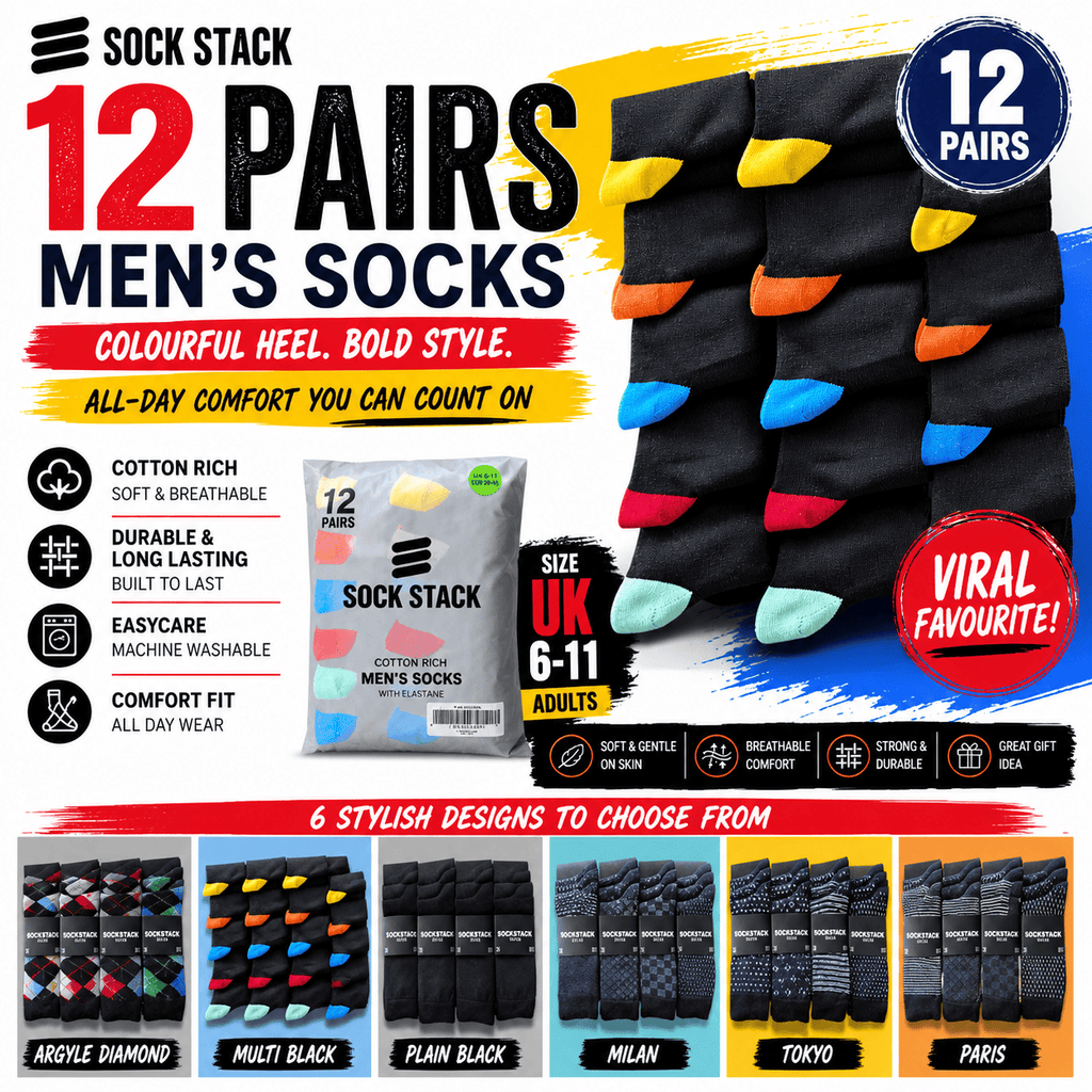 Sock Stack Mens Socks 12 Pairs Cotton Colorful Heel Toe Black Argyle Diamond Easycare