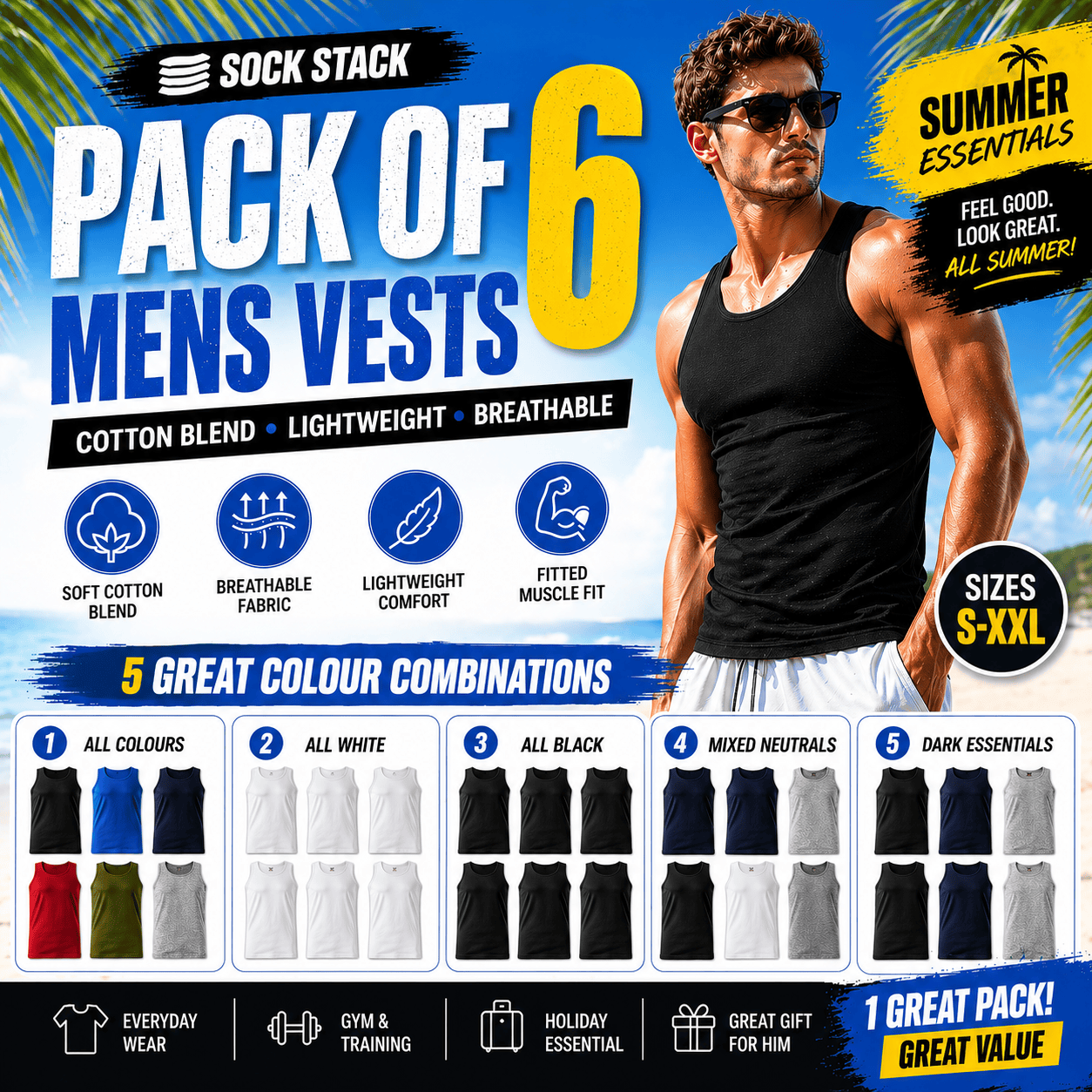 Sock Stack Pack Of 6 Mens Cotton Blend Gym Muscle Vests Fitted Lightweight Breathable
