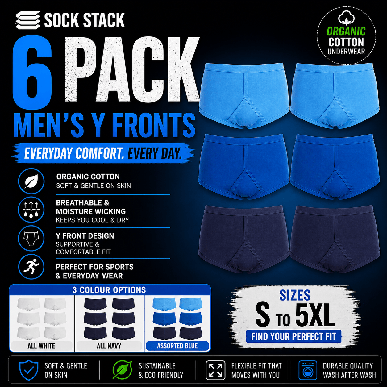 Sock Stack Pack Of 6 Mens Organic Cotton Y Front Underpants Breathable Moisture Wicking