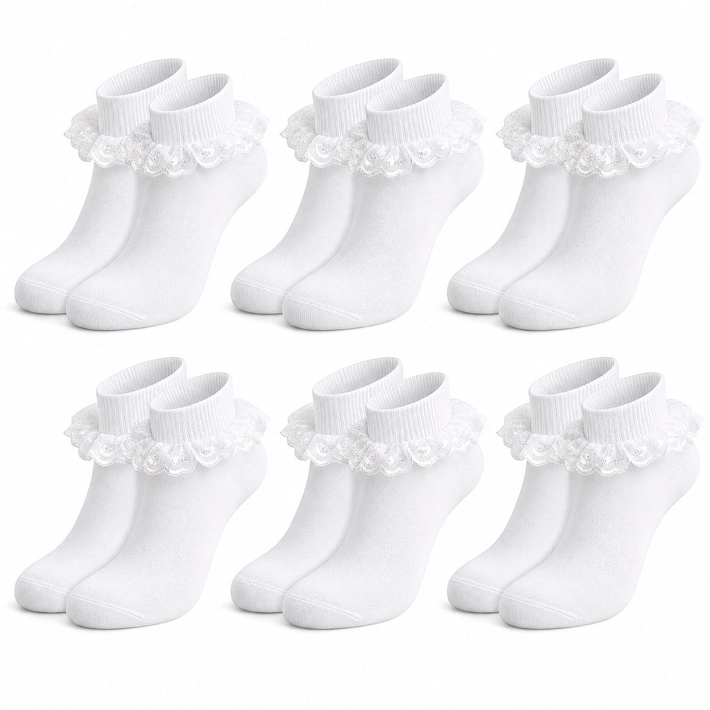 Sock Stack White Girls Tutu Frilly Ankle Socks With Lace And Bow 6 Pairs Cotton Rich