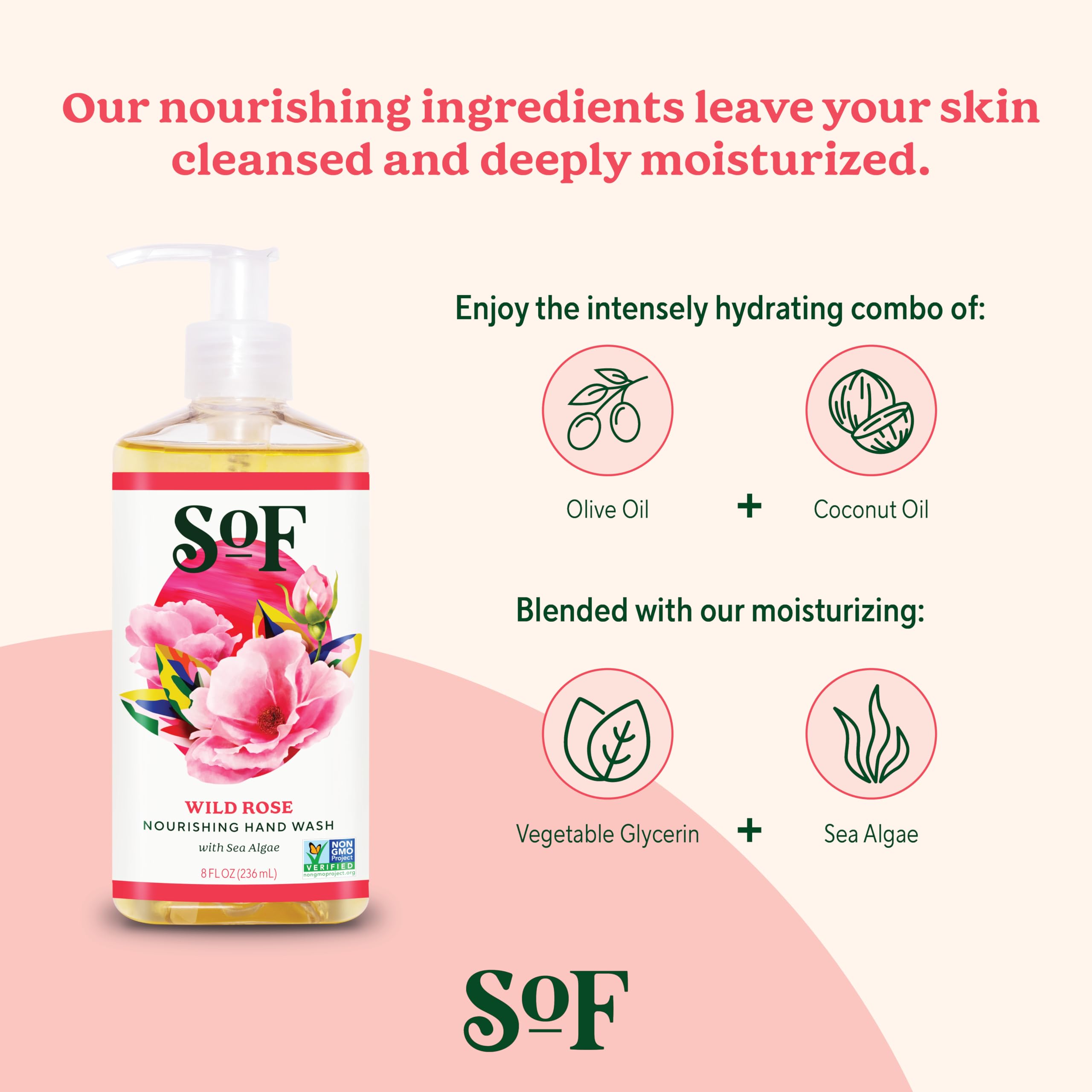 South Of France SoF Nourishing Hand Wash – Wild Rose, Sea Algae + Coconut & Olive Oil | Vegan & Non-GMO | 3 x 8oz