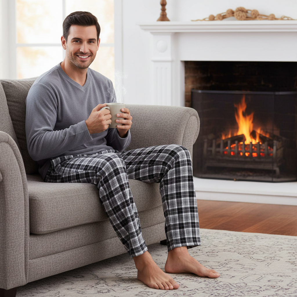 Men's Fleece Pajama Sets: Experience Unmatched Comfort with Our Cozy Grey Top and Black Cotton Bottoms