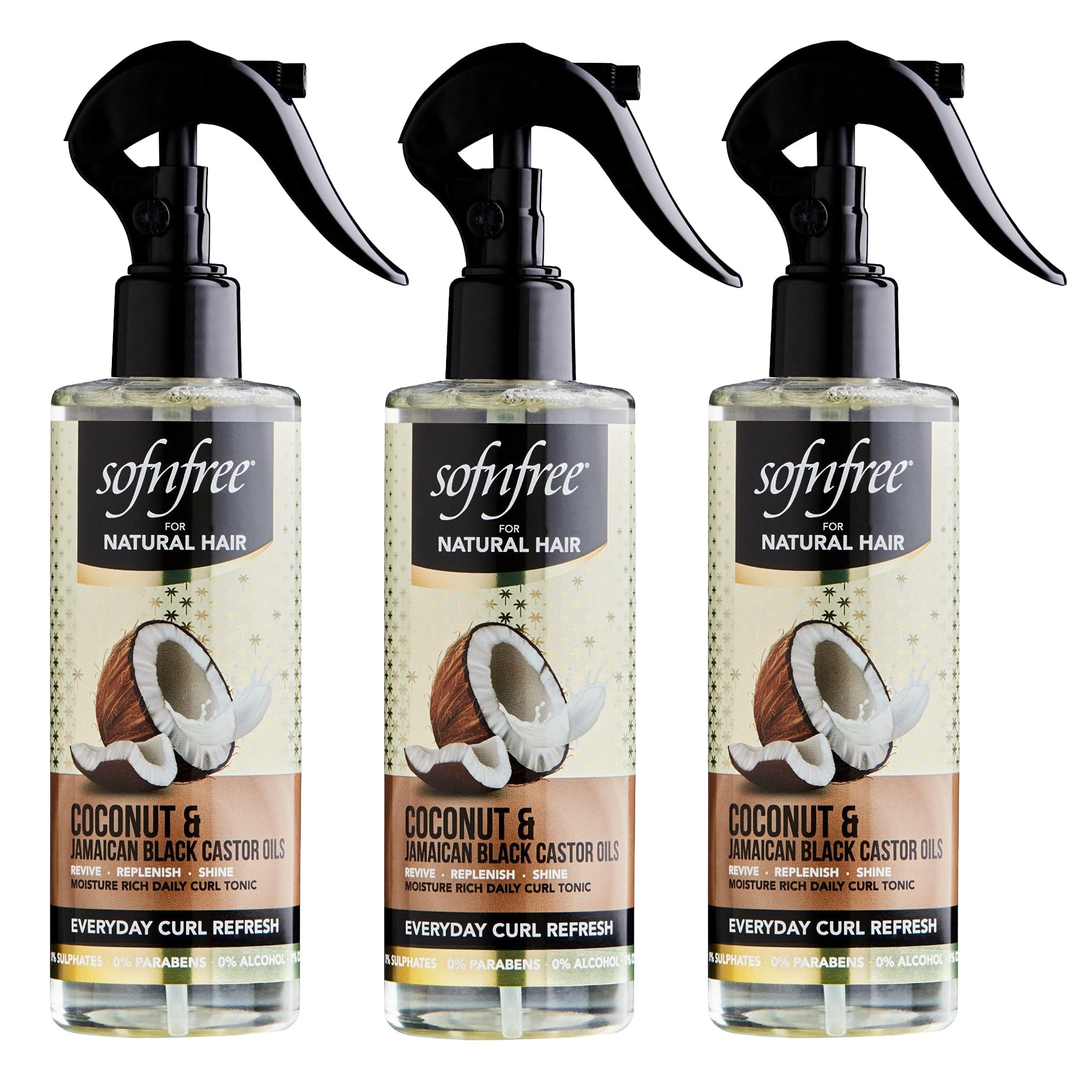 SOFNFREE Coconut & Jamaican Black Castor Oil Curl Refresher Spray – Everyday Moisture for Curly Hair (Pack of 3)