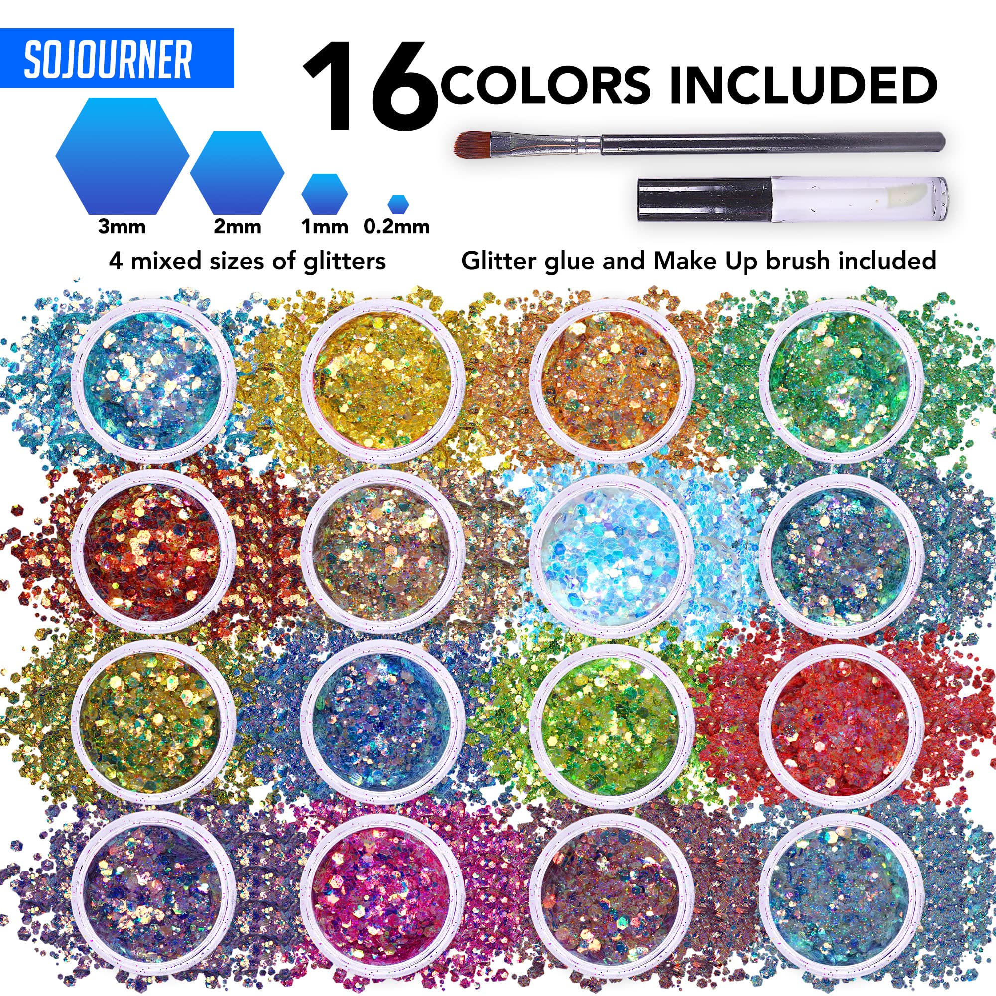 SoJourner Bags Fairy Tears Chunky Holographic Glitter – 16 Color Set + Glitter Glue