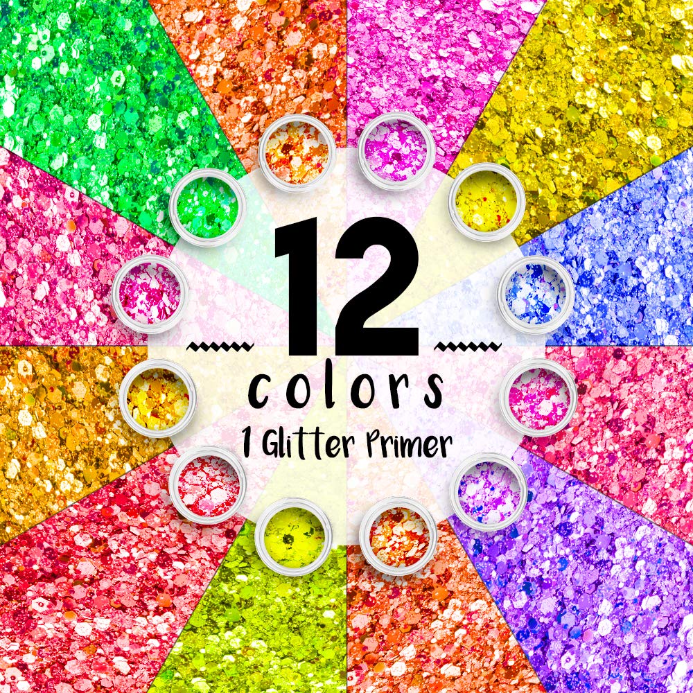 SoJourner Bags Neon Holographic Glitter – 12 Colors + Glitter Glue for Face, Hair & Nails