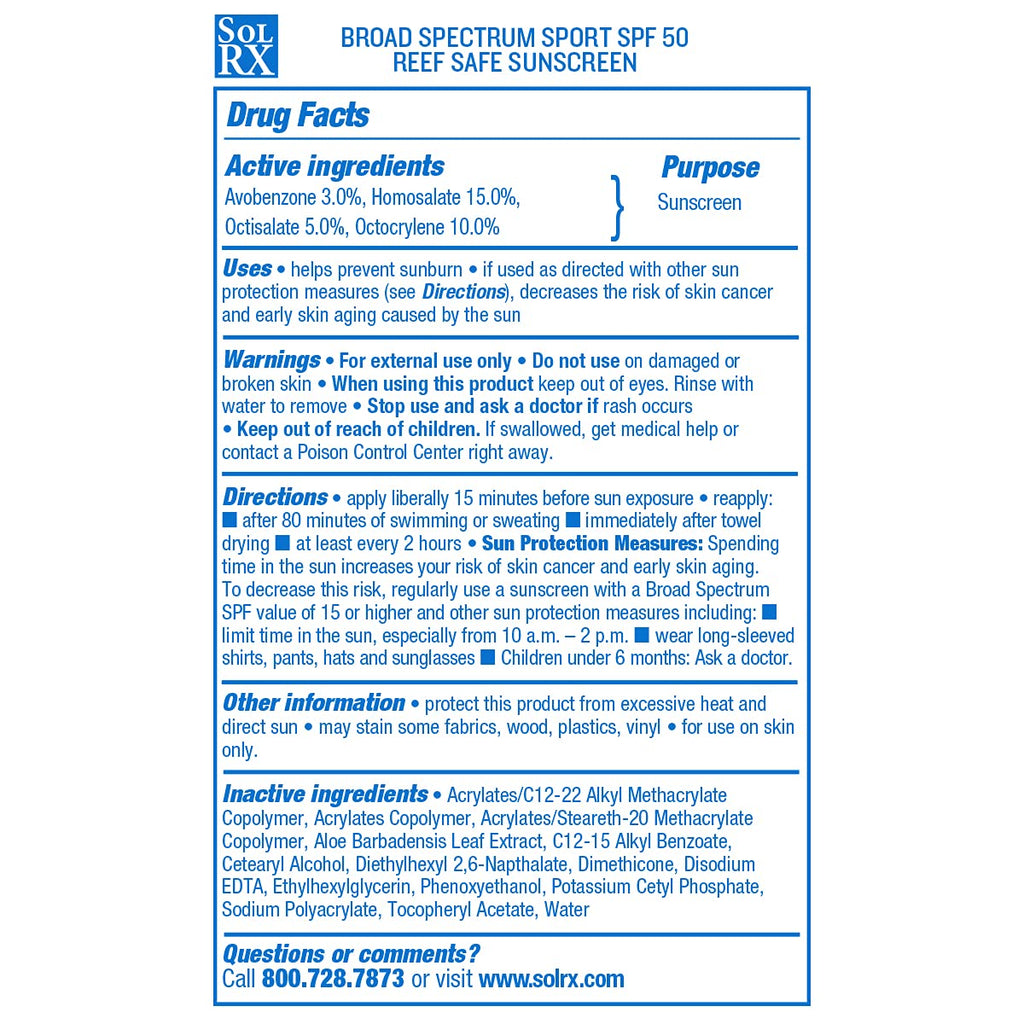 SolRX SPORT SPF 50 Sunscreen – Oxybenzone Free, Fragrance Free, Reef Friendly (Pack of 2)
