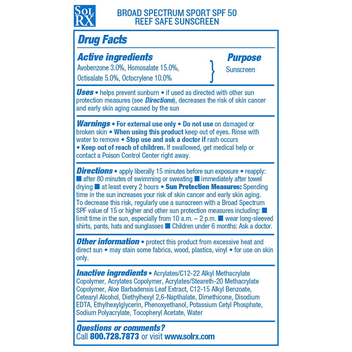 SolRX SPORT SPF 50 Sunscreen – Oxybenzone Free, Fragrance Free, Reef Friendly (Pack of 2)