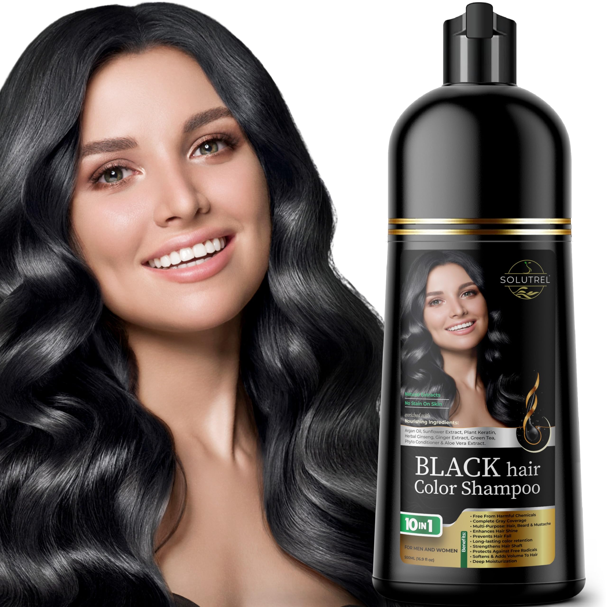 Solutrel Black Hair Dye Shampoo – Instant Gray Coverage, 10-in-1 Herbal Color (Ammonia-Free)