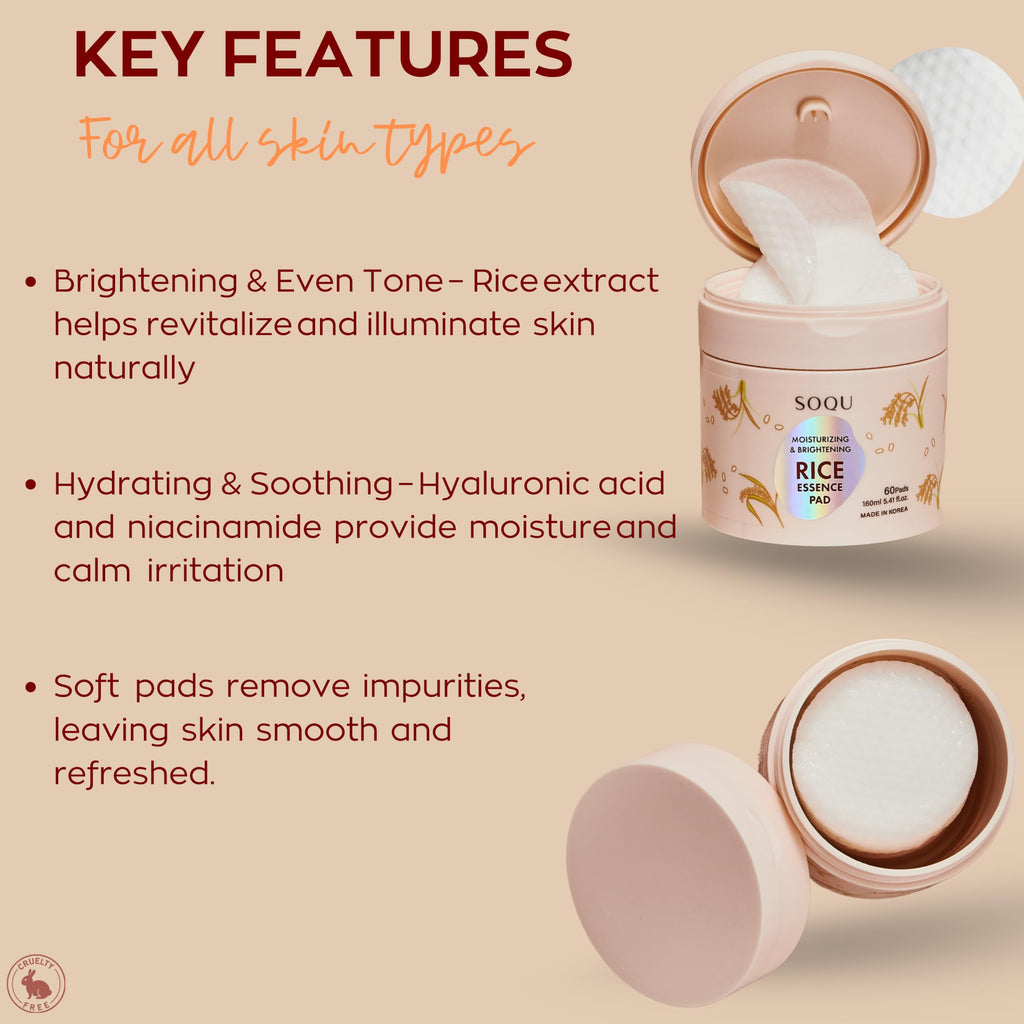 SOQU Rice Essence Pads – Brightening & Hydrating Facial Pads (60 Count, 160ml) | Made in Korea
