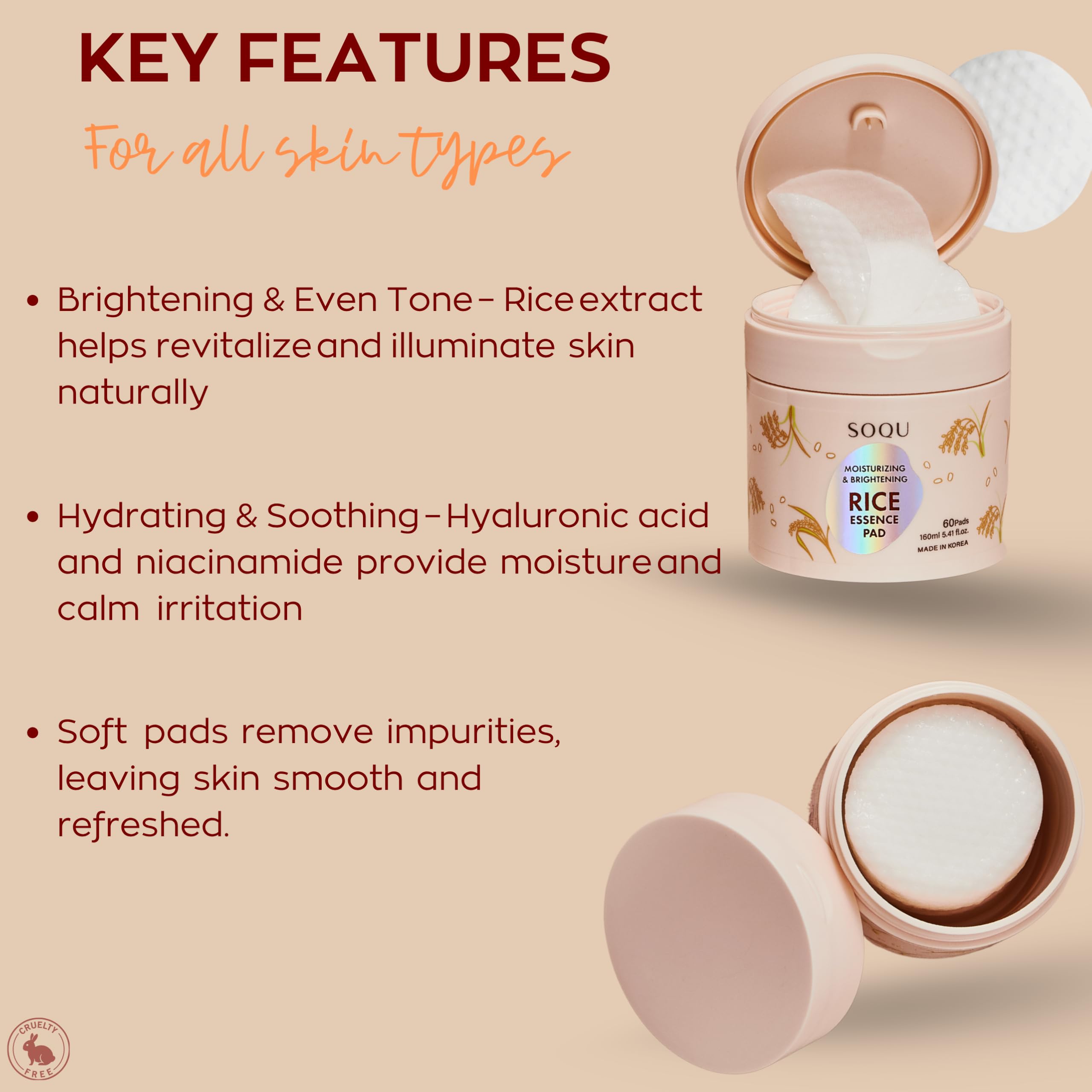 SOQU Rice Essence Pads – Brightening & Hydrating Facial Pads (60 Count, 160ml) | Made in Korea