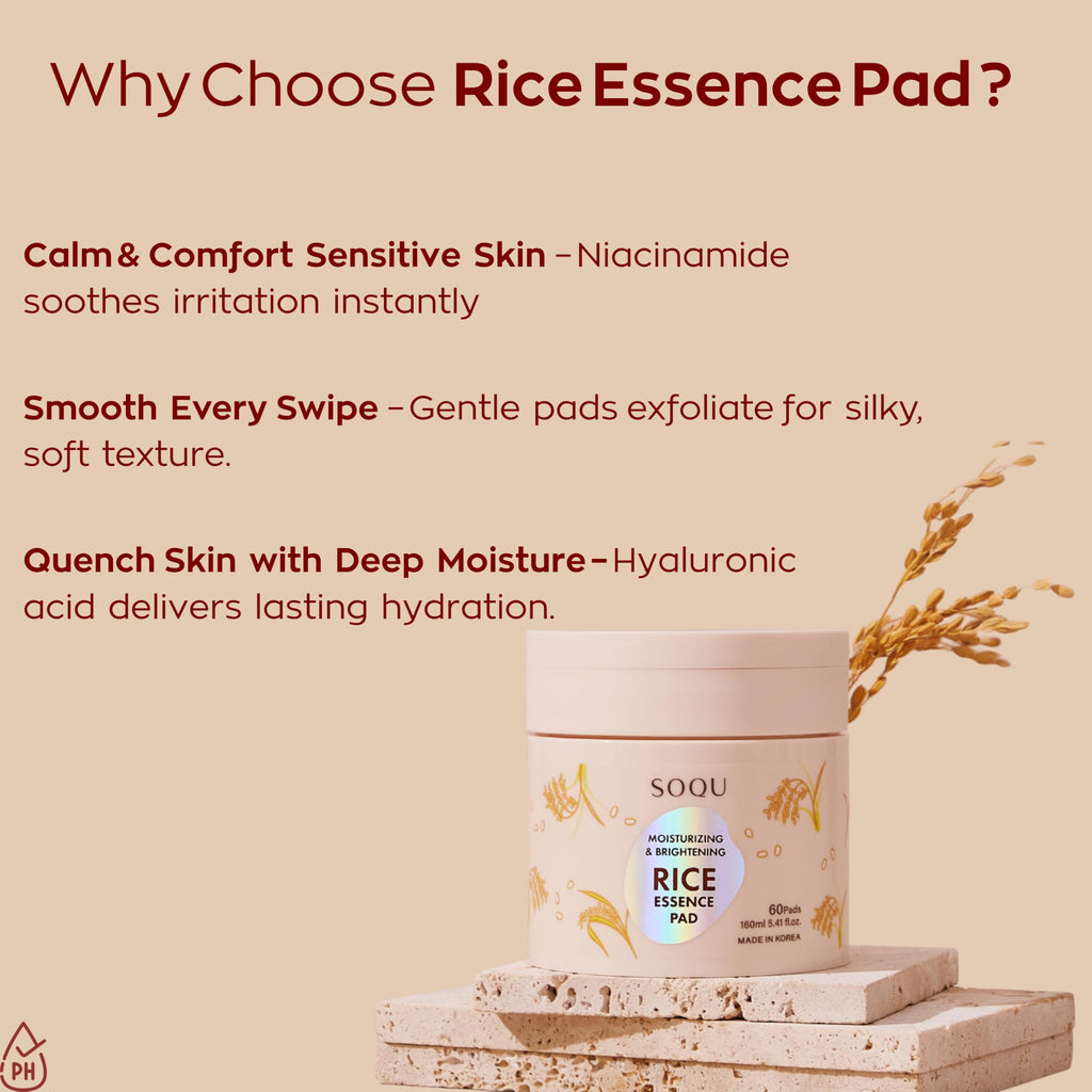 SOQU Rice Essence Pads – Brightening & Hydrating Facial Pads (60 Count, 160ml) | Made in Korea