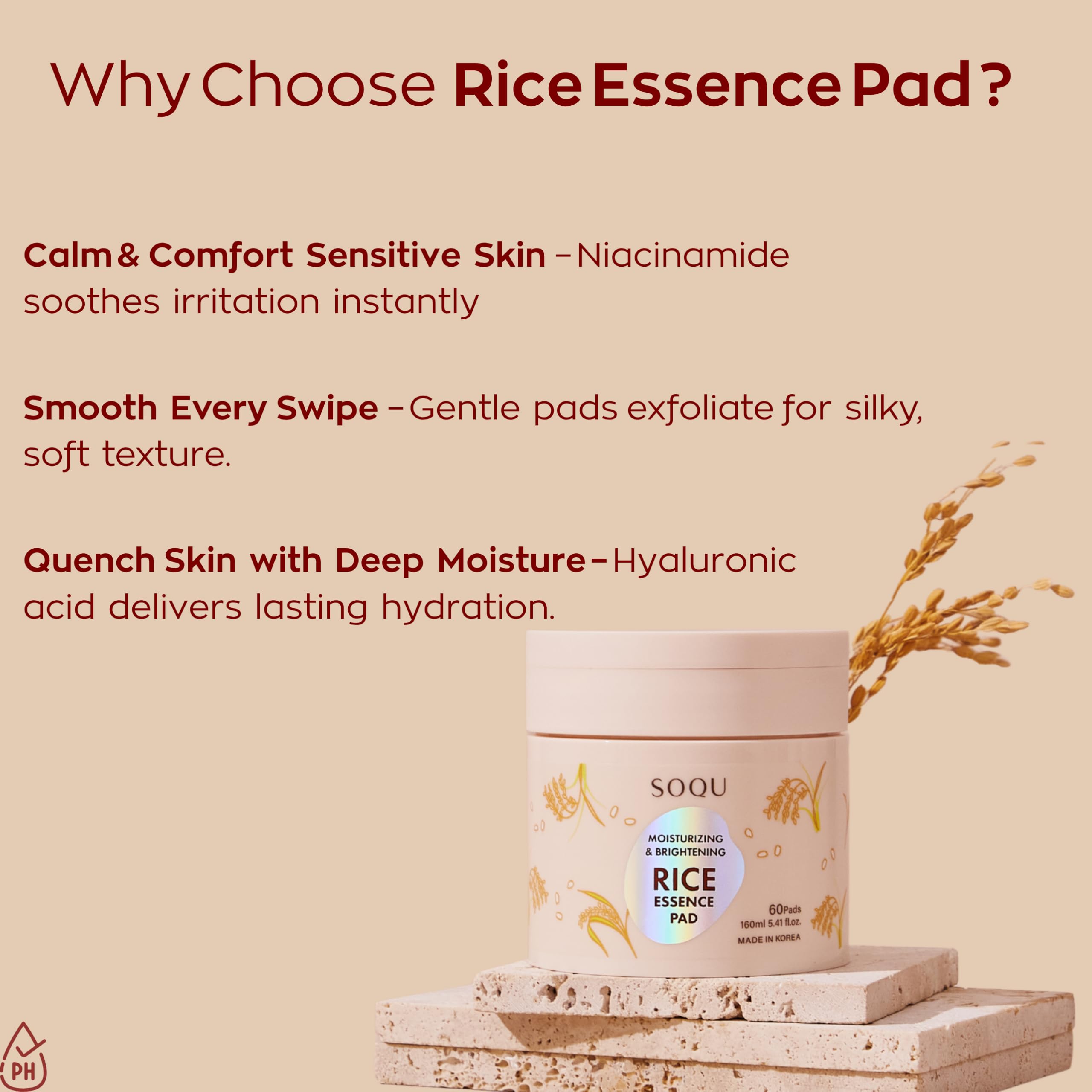 SOQU Rice Essence Pads – Brightening & Hydrating Facial Pads (60 Count, 160ml) | Made in Korea