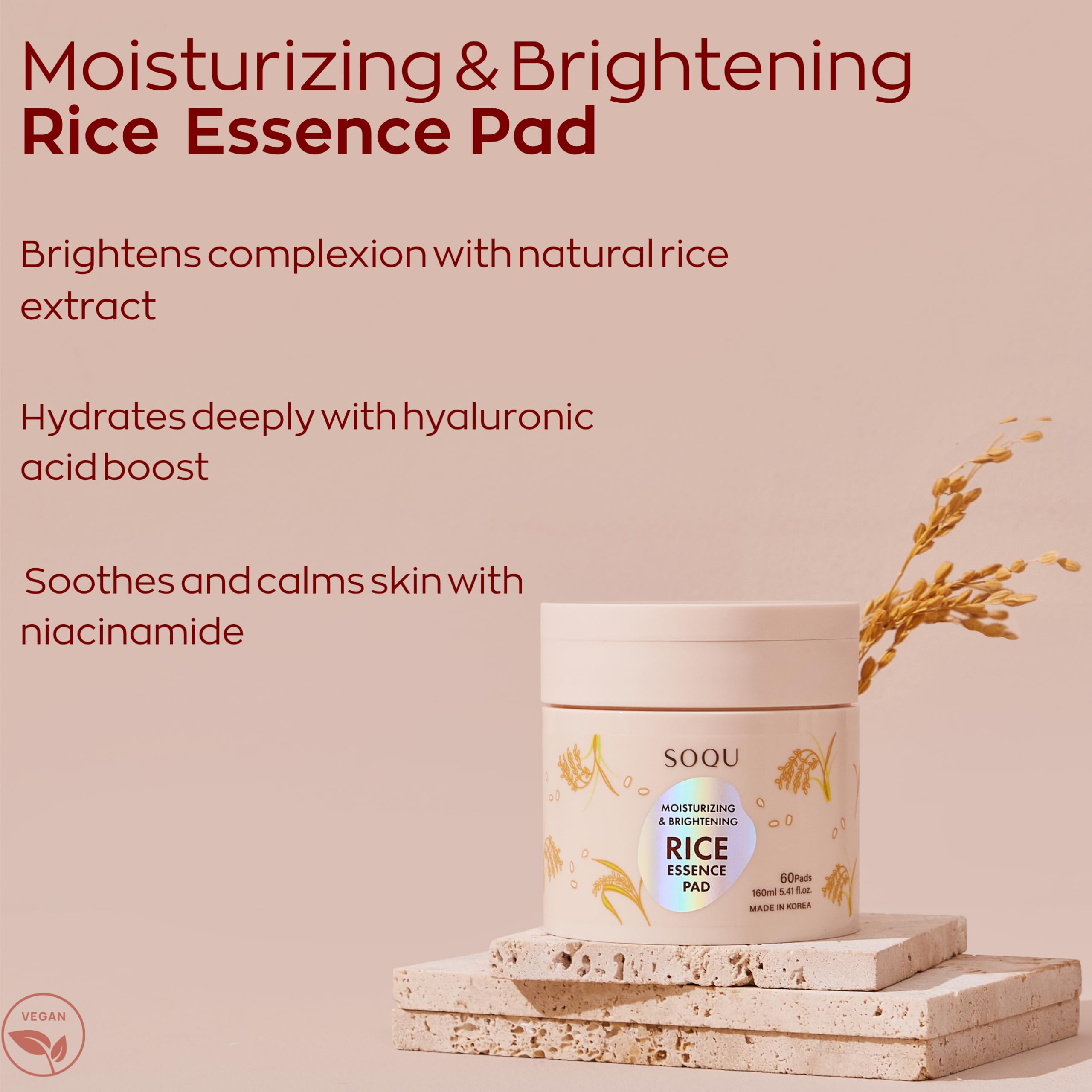 SOQU Rice Essence Pads – Brightening & Hydrating Facial Pads (60 Count, 160ml) | Made in Korea
