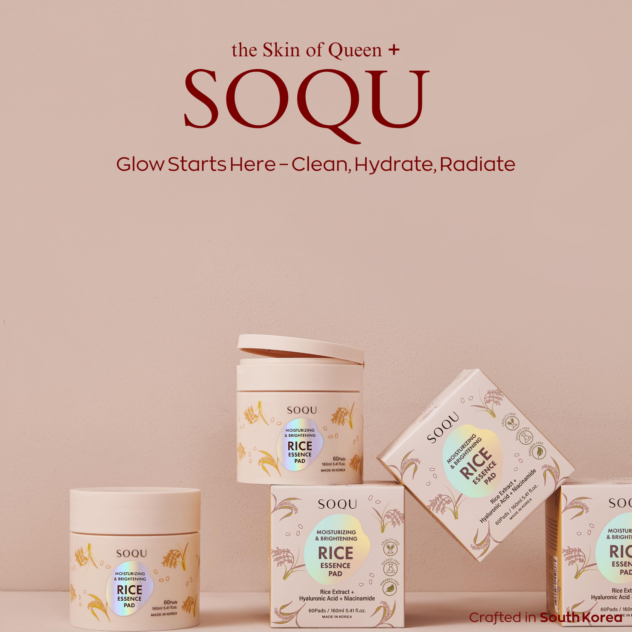 SOQU Rice Essence Pads – Brightening & Hydrating Facial Pads (60 Count, 160ml) | Made in Korea