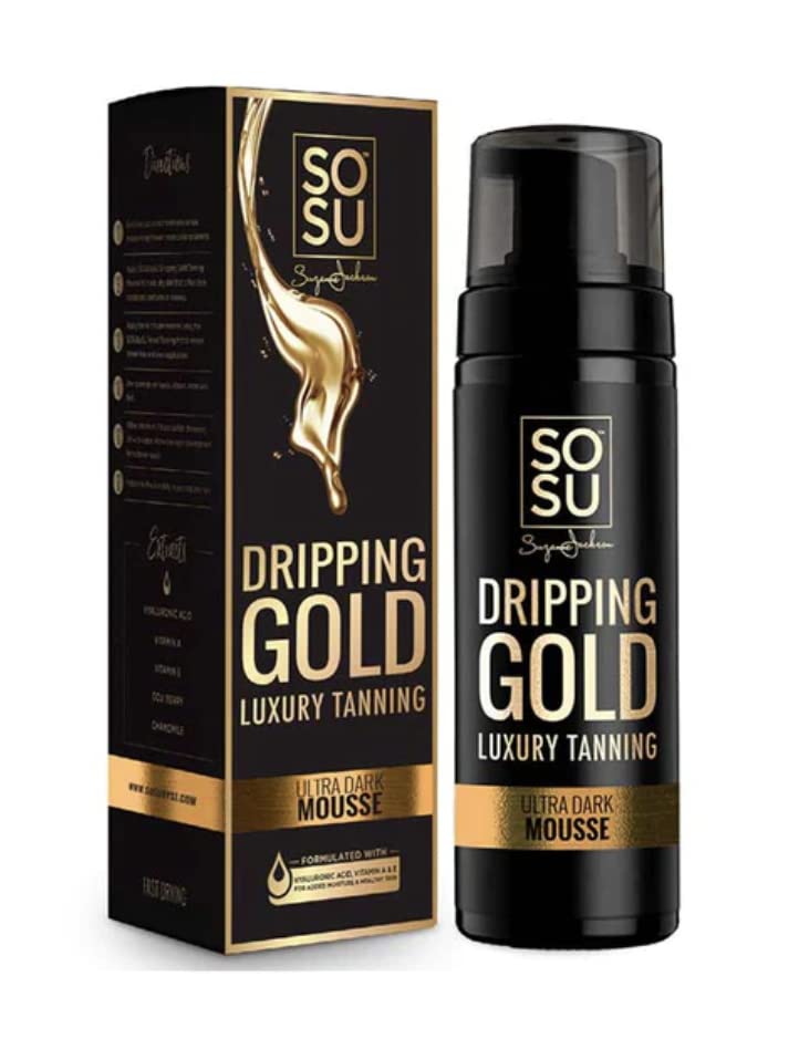 SOSU Dripping Gold Luxury Tanning Mousse 5 oz — Hydrating Formula with Hyaluronic Acid, Vitamins A & E (Vegan, Cruelty-Free, Paraben-Free) (Medium–Ultra Dark)