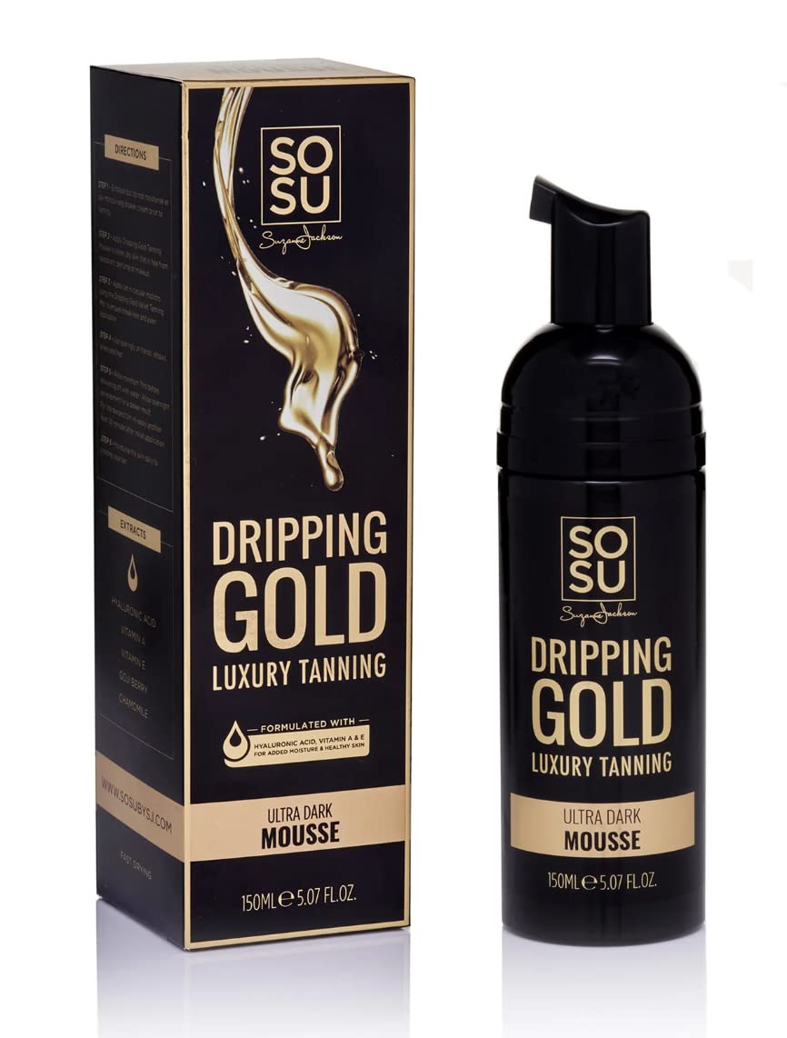 SOSU Dripping Gold Luxury Tanning Mousse 5 oz — Hydrating Formula with Hyaluronic Acid, Vitamins A & E (Vegan, Cruelty-Free, Paraben-Free) (Medium–Ultra Dark)