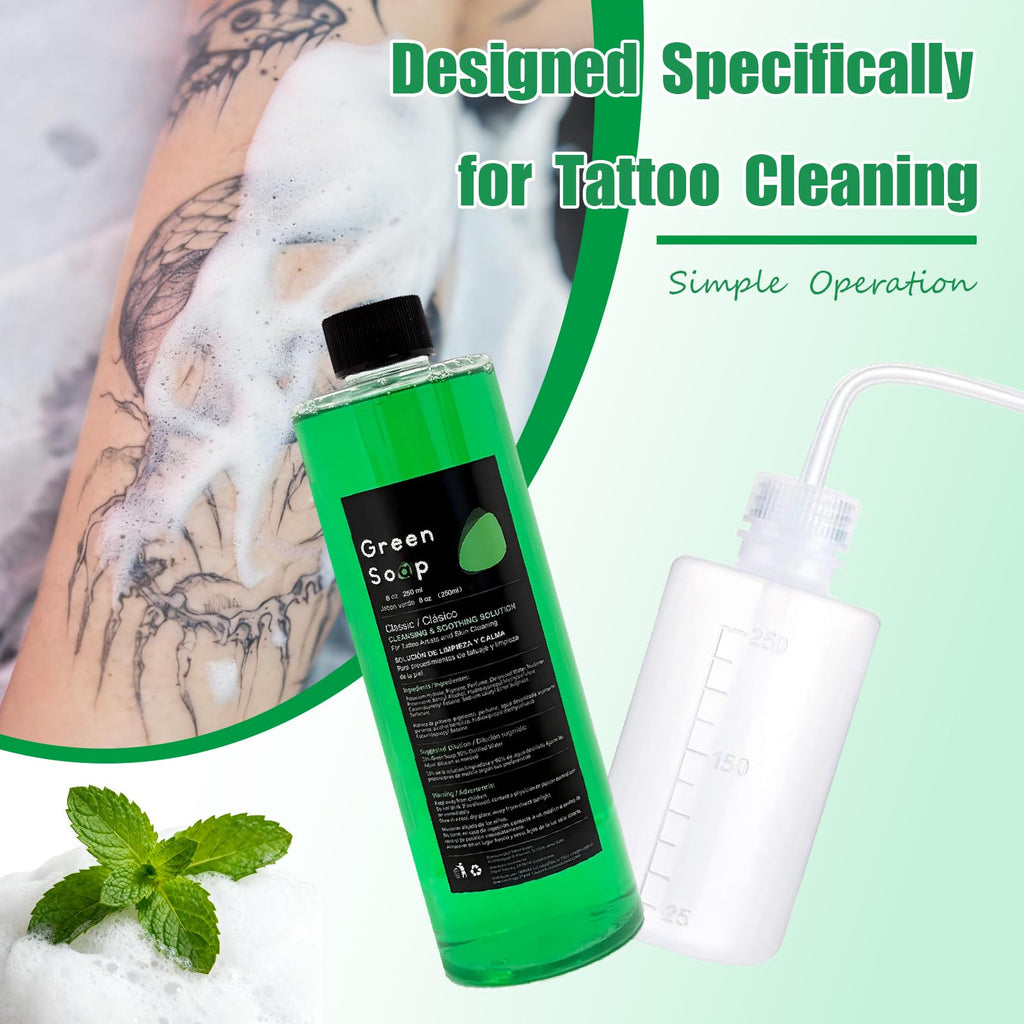 Sotica Green Soap Tattoo Kit – 8oz/250ml Squeeze Bottle, Vegan Gentle Aftercare for Tattooing & Piercing