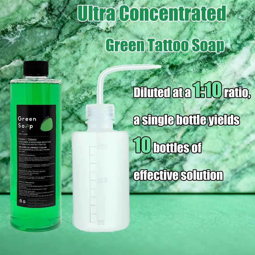Sotica Green Soap Tattoo Kit – 8oz/250ml Squeeze Bottle, Vegan Gentle Aftercare for Tattooing & Piercing