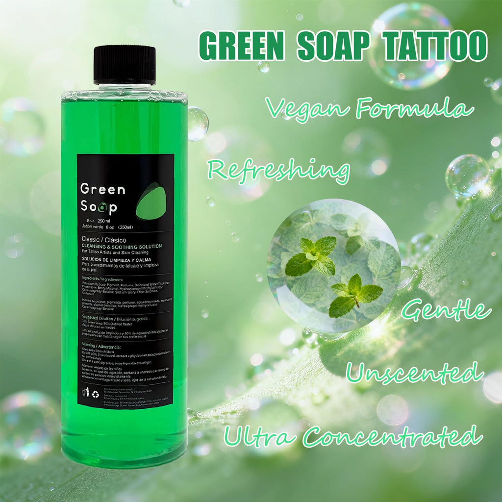 Sotica Green Soap Tattoo Kit – 8oz/250ml Squeeze Bottle, Vegan Gentle Aftercare for Tattooing & Piercing