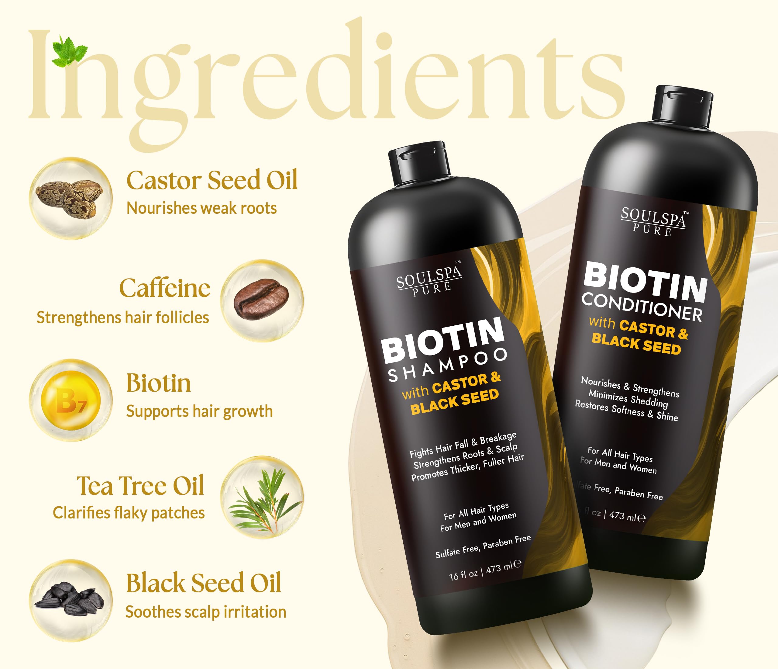 SOULSPA PURE Biotin Shampoo & Conditioner Set — Castor & Black Seed, Sulfate Free