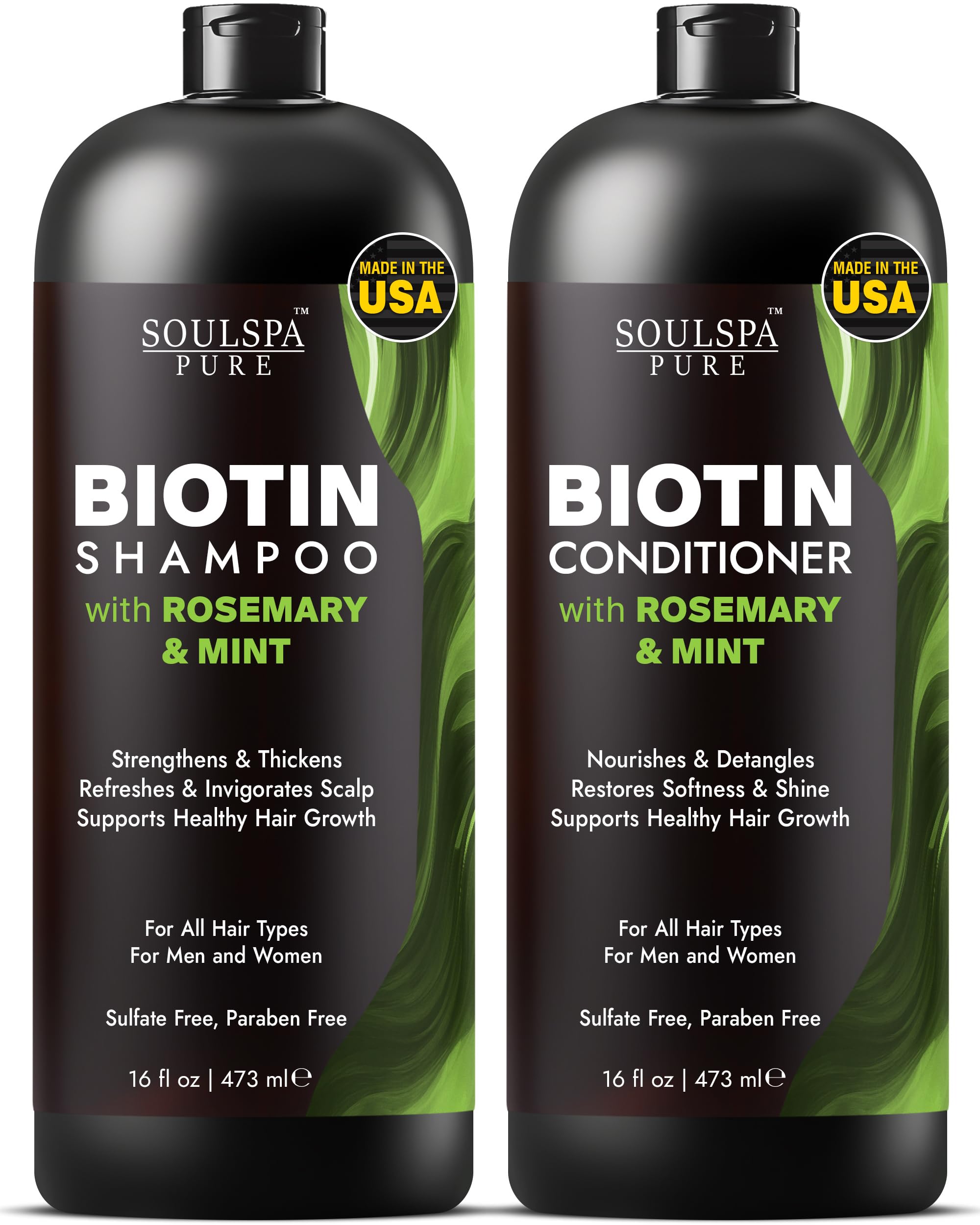 SOULSPA PURE Biotin Shampoo & Conditioner Set – 16 oz Each | Rosemary & Mint