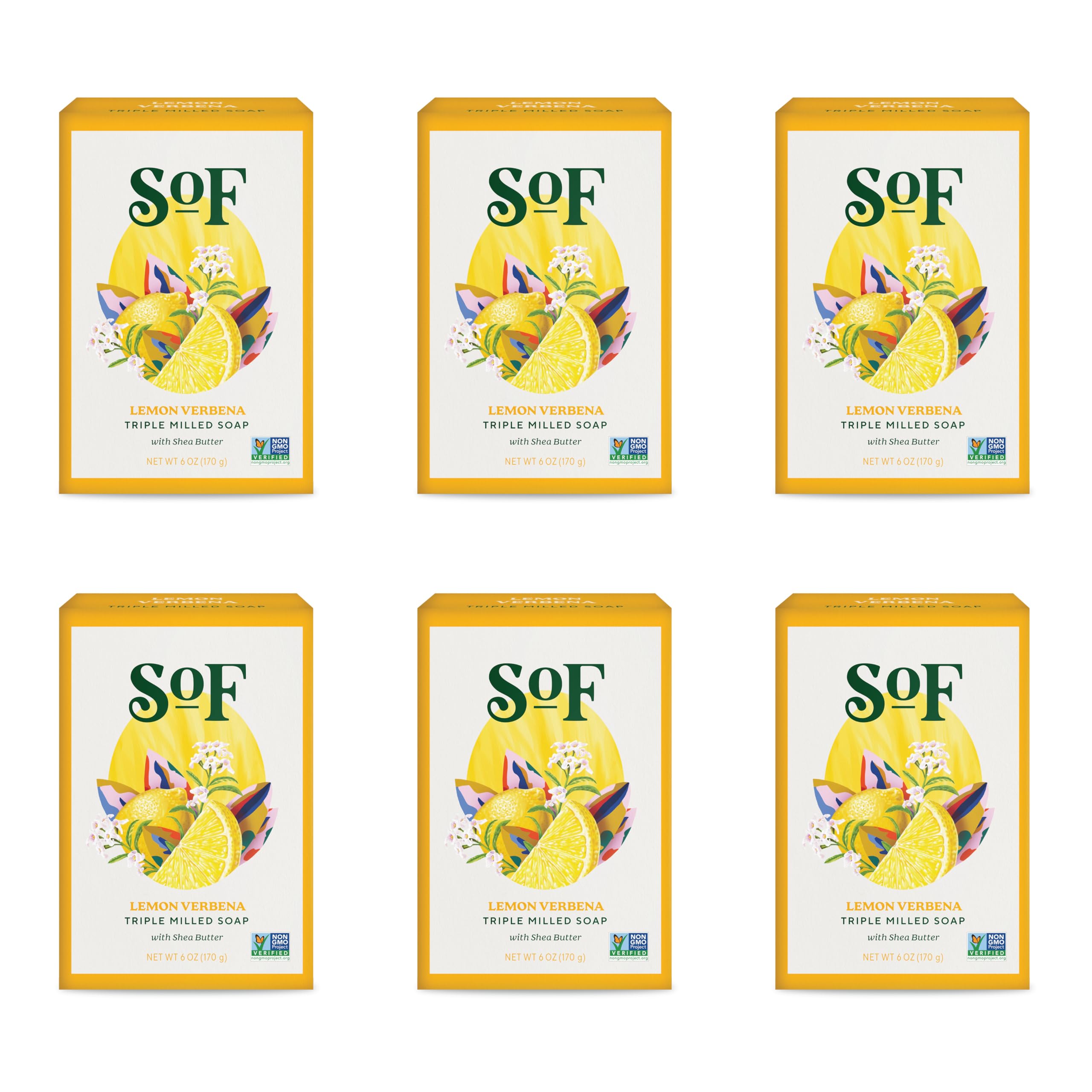 South Of France SoF Lemon Verbena Triple Milled Bar Soap – Coconut Oil & Organic Shea Butter – Vegan & Non-GMO – 6 Bars (6 oz Each)