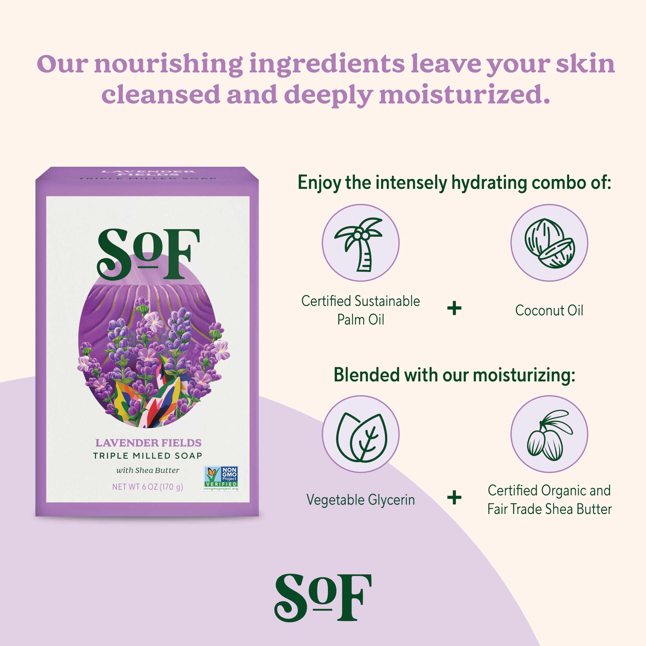 South Of France Lavender Fields Triple Milled Bar Soap - 4 x 6 oz Bars | Coconut Oil & Organic Shea Butter | Vegan & Non-GMO