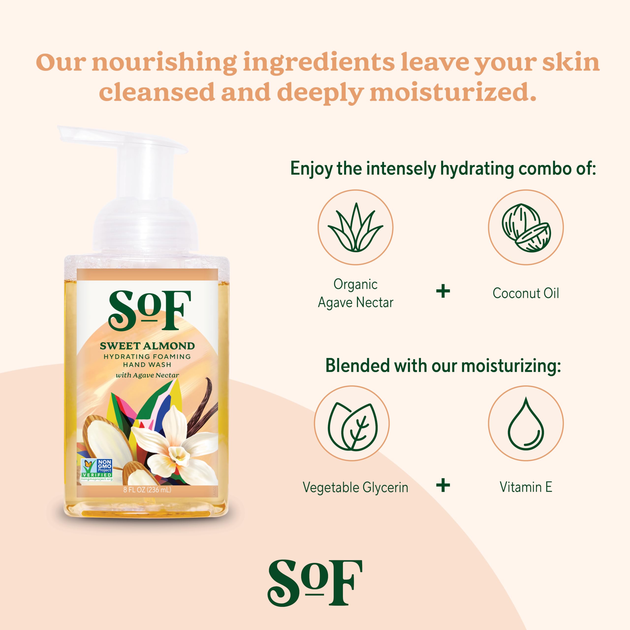 South Of France SoF Hydrating Foaming Hand Wash — Organic Agave & Coconut Oil (Vegan, Non-GMO) 8 oz × 6