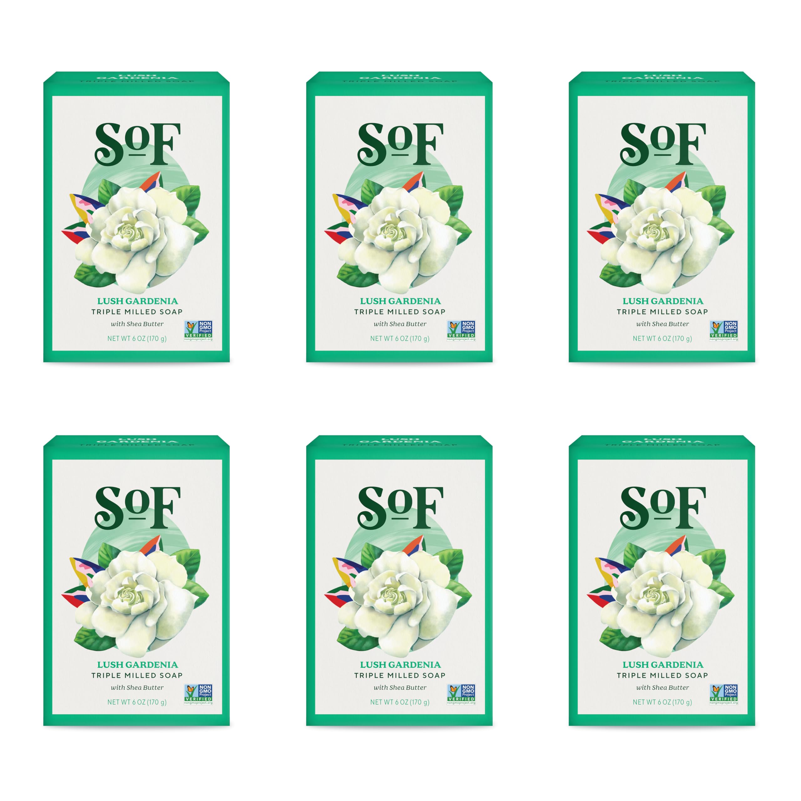 South Of France SoF Gardenia Triple Milled Bar Soap – Coconut Oil & Shea Butter | Vegan & Non-GMO | 6 Bars