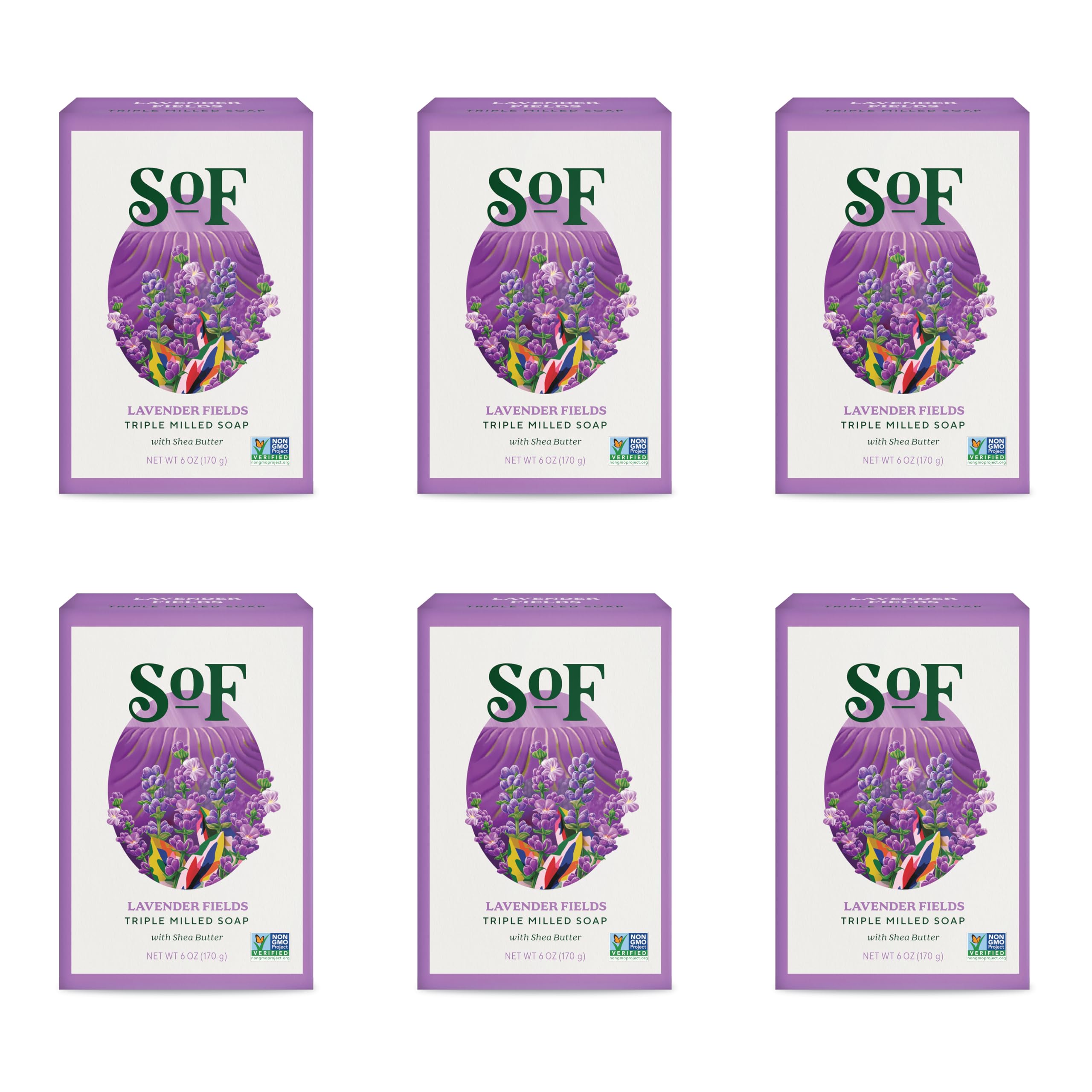South Of France SoF Lavender Fields Triple-Milled Bar Soap – Coconut Oil & Organic Shea Butter, Vegan & Non-GMO | 6 oz Bar (Set of 6)