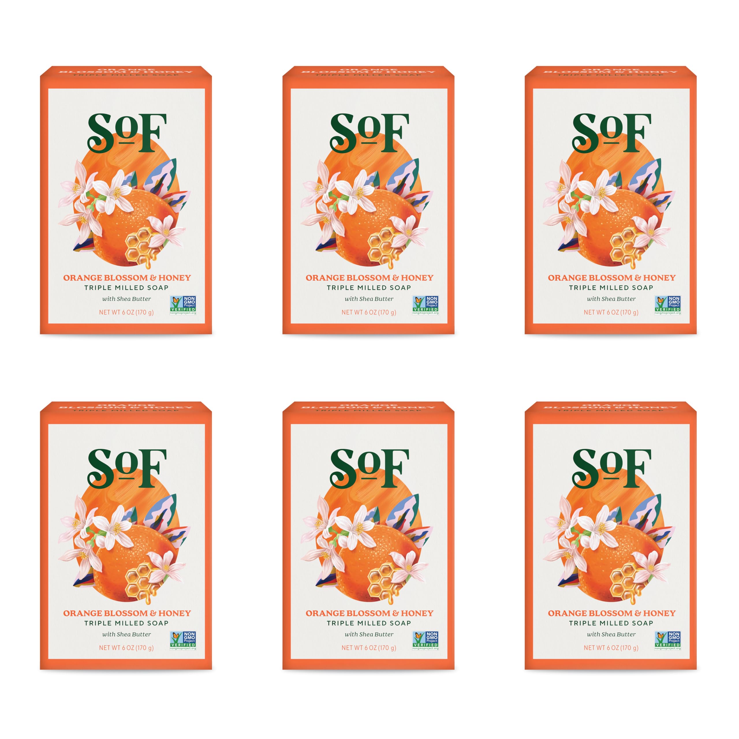 South Of France SoF Triple Milled Bar Soap – Orange Blossom & Honey, 6 Bars (6 oz each)