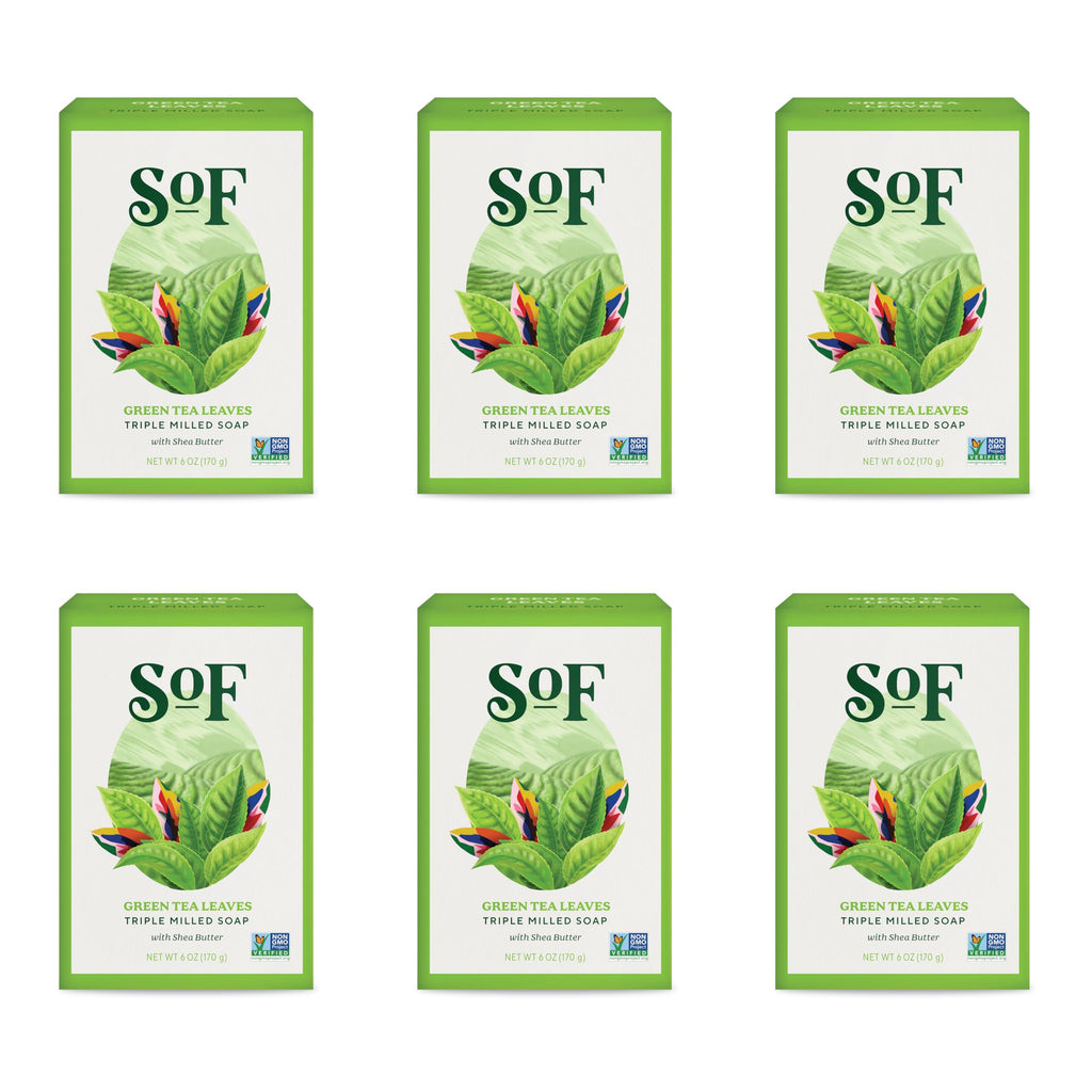 SoF Triple Milled Bar Soap – Coconut Oil & Organic Shea Butter | Vegan & Non-GMO | Green Tea Leaves, 6 oz Bar (Set of 6)