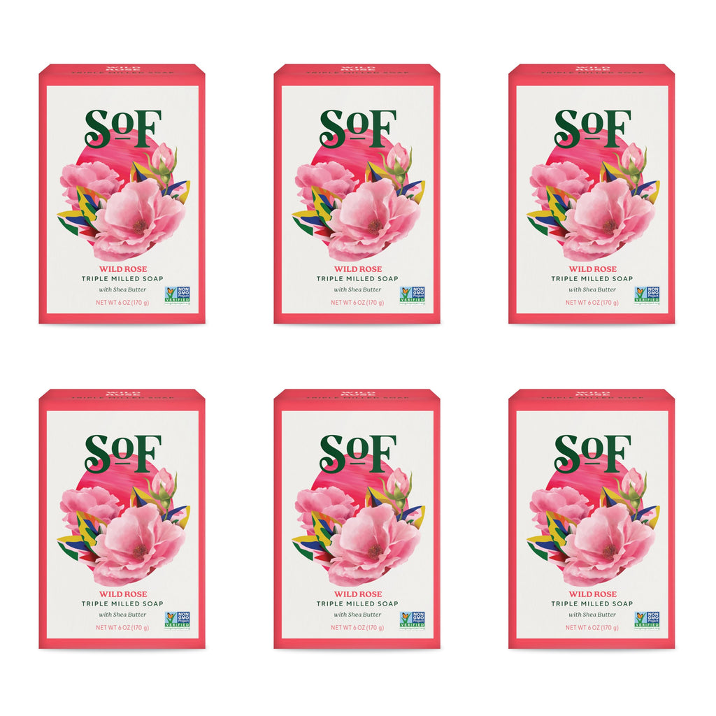 South Of France SoF Wild Rose Triple Milled Bar Soap – Coconut Oil & Organic Shea Butter | Vegan & Non-GMO | 6 x 6 oz