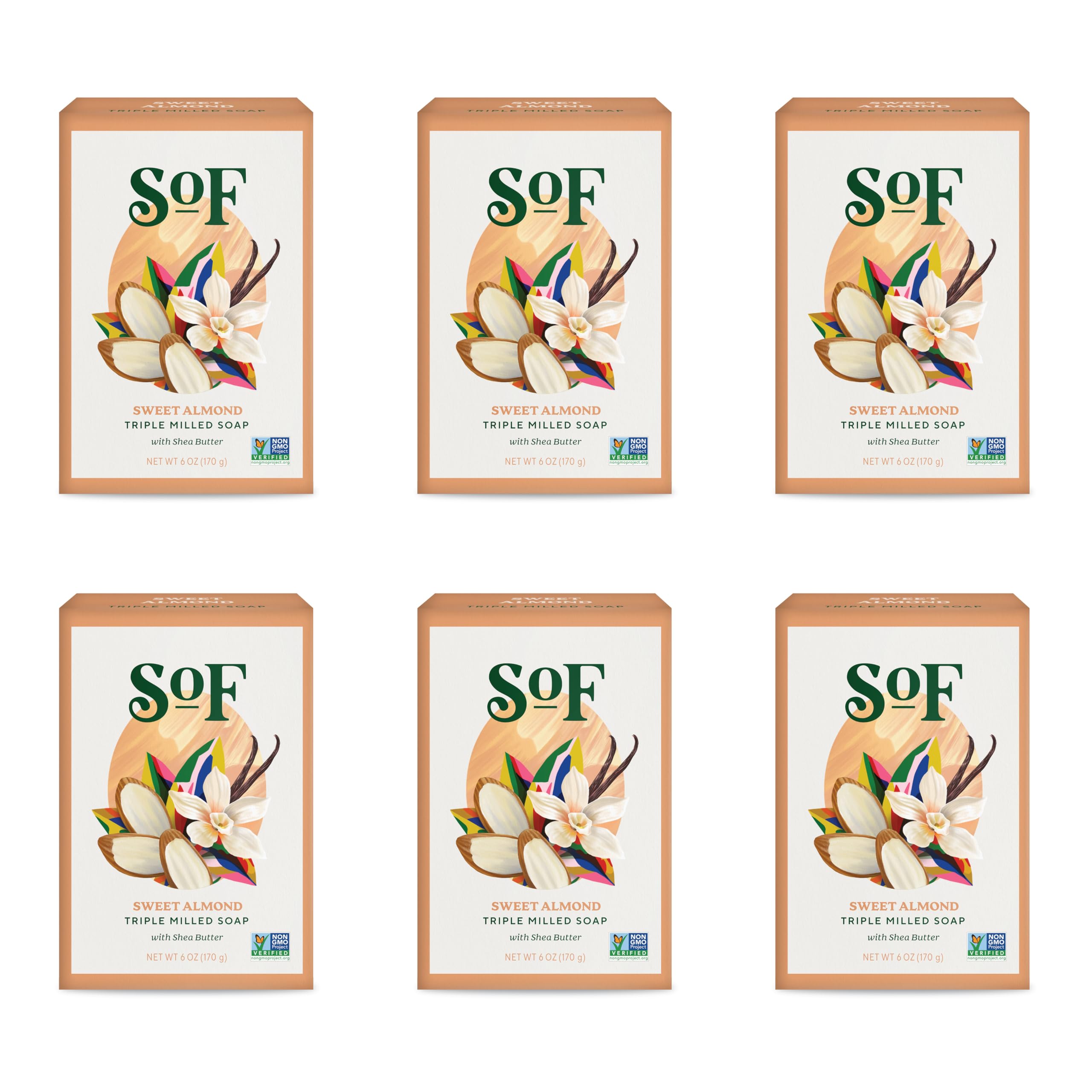 South Of France SoF Triple Milled Soap – Coconut Oil & Organic Shea Butter, Vegan & Non-GMO, Sweet Almond, 6 Bars (6 oz each)
