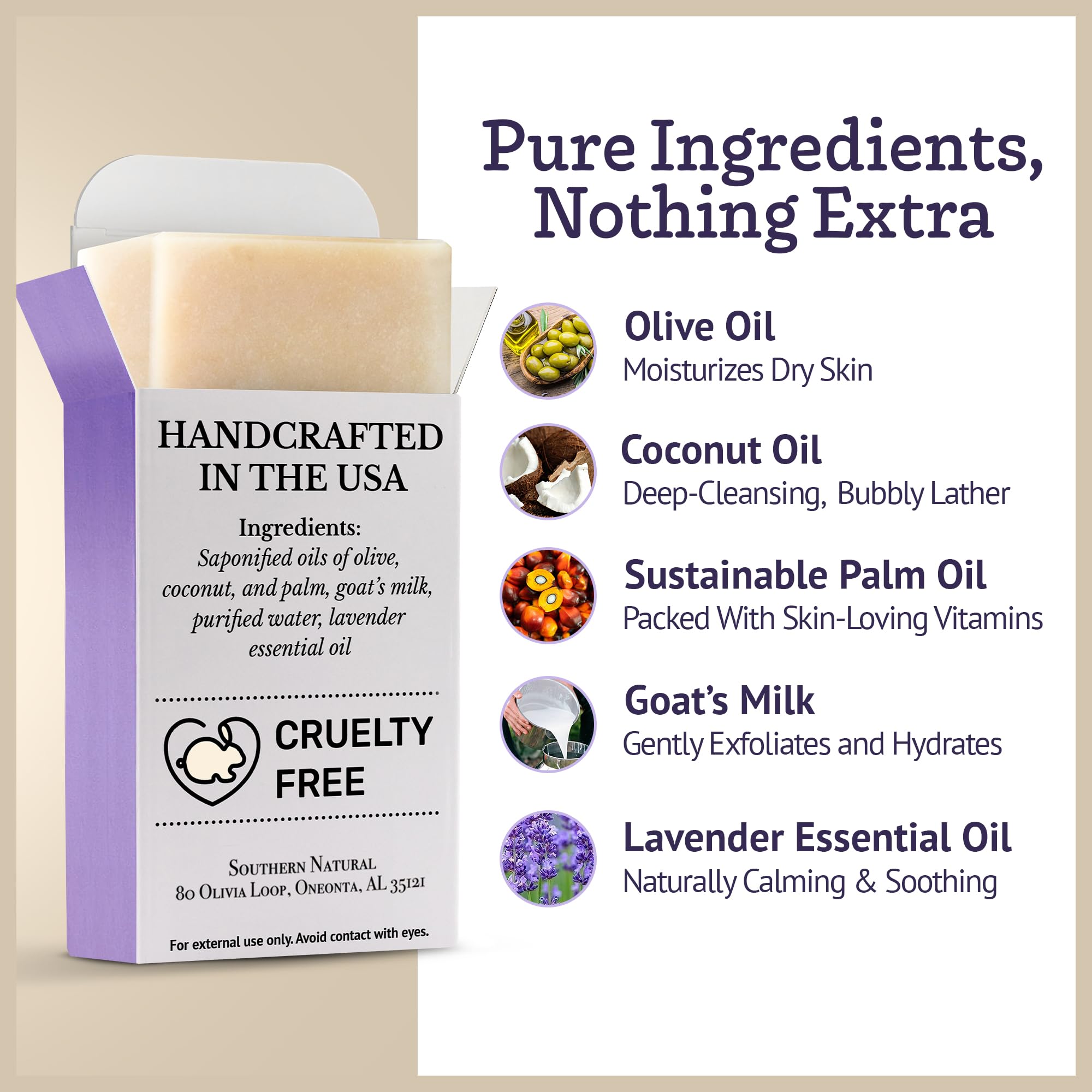 Southern Natural Goat Milk Soap Bar Lavender 3-Pack – Natural Handmade Soap for Dry, Sensitive Skin